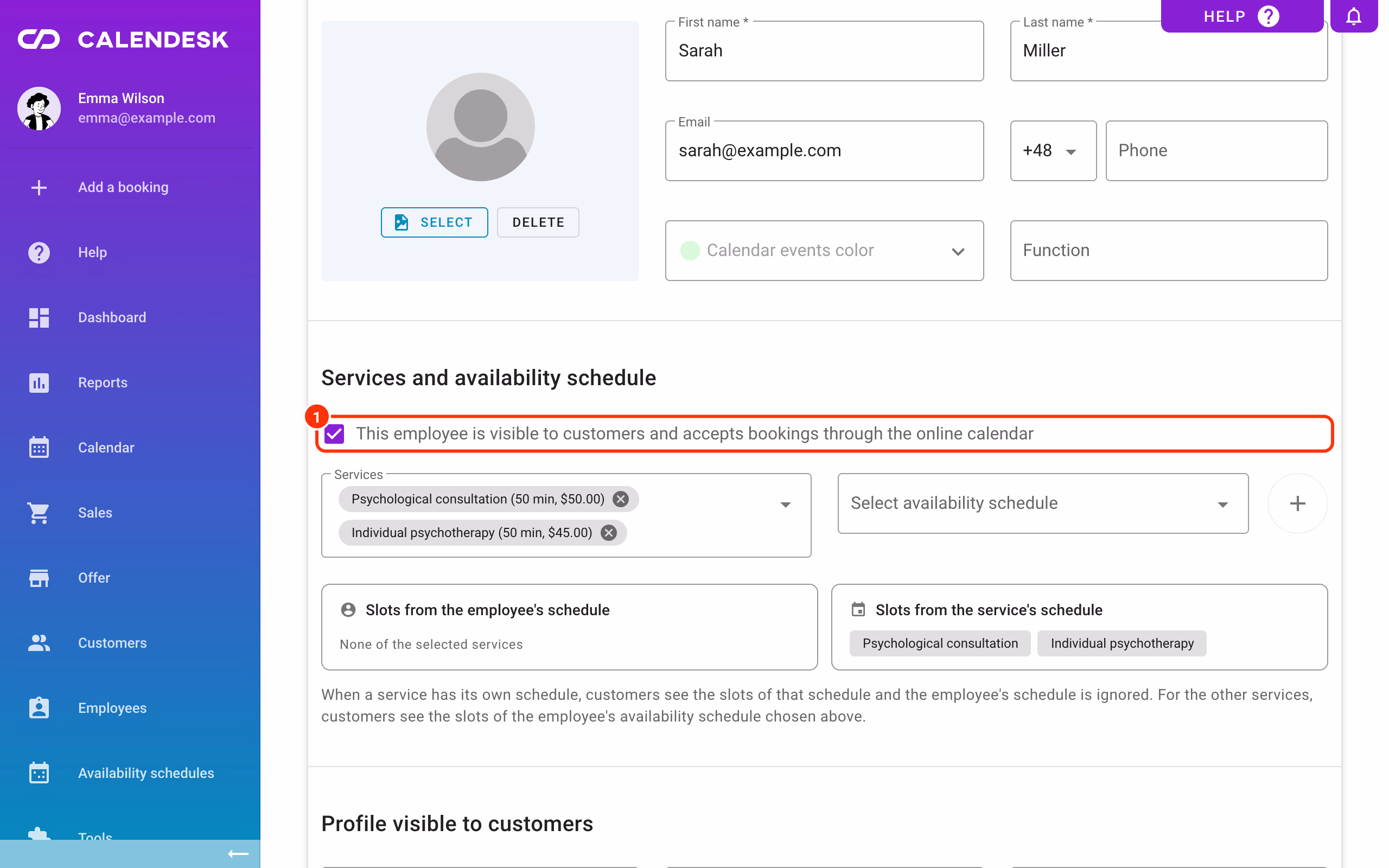 The option that makes the employee visible to customers and lets them accept bookings.