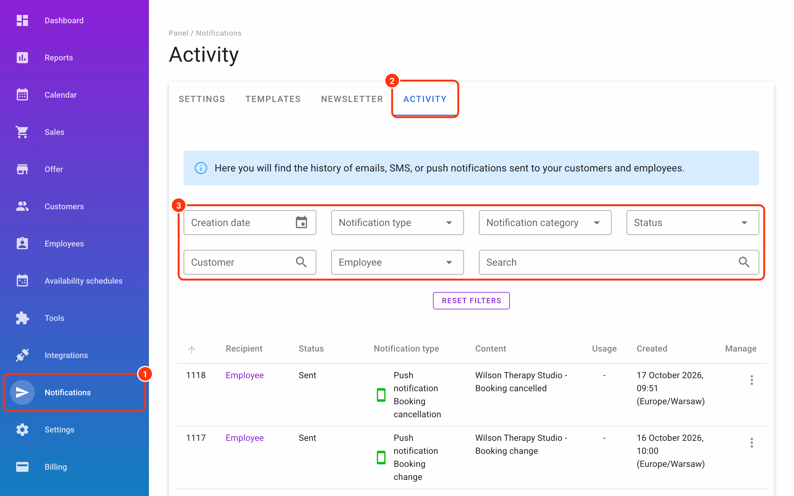Notifications in the menu (1), the Activity tab (2) and the filters (3).