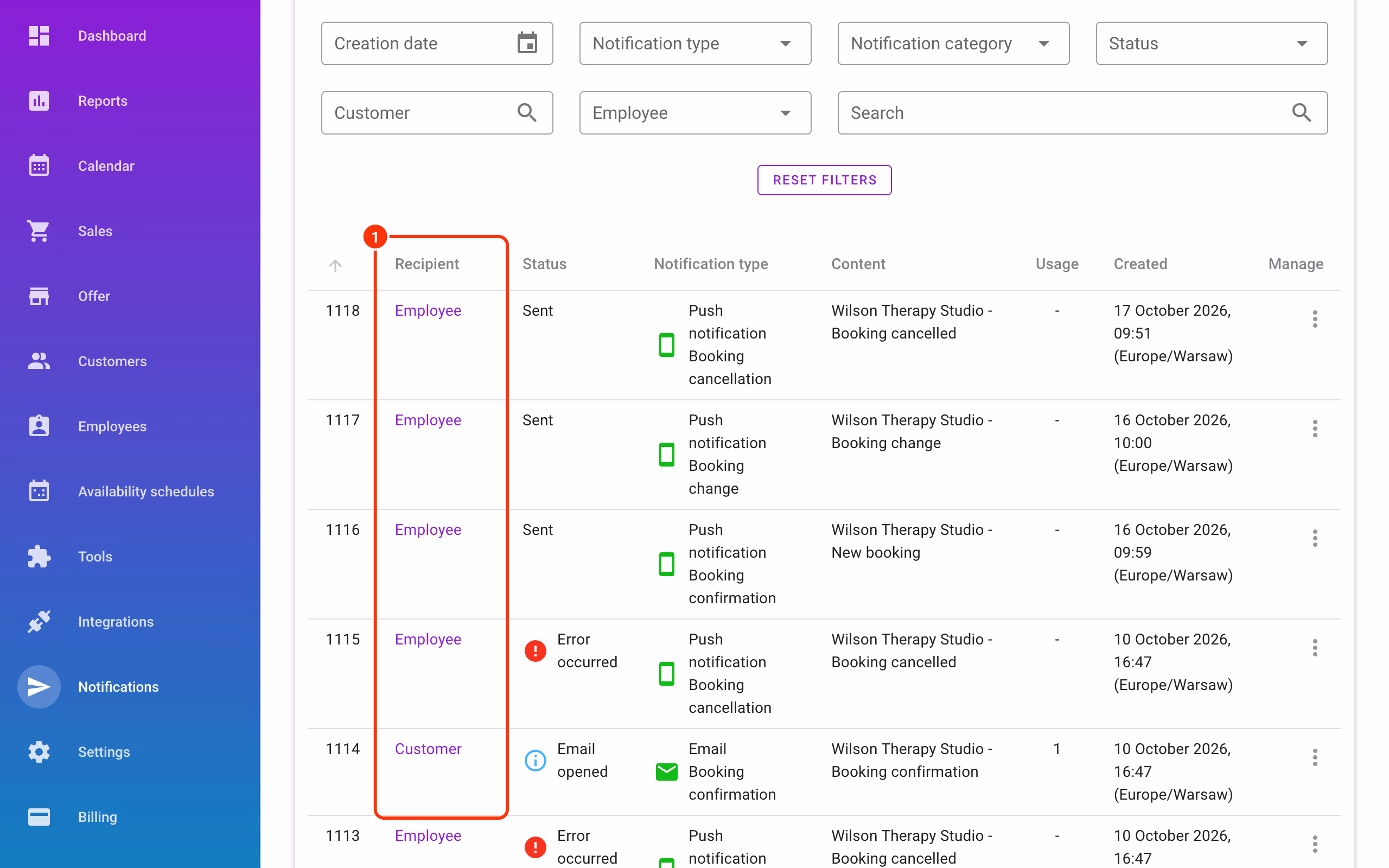 The Recipient column linking to the customer or employee (1).