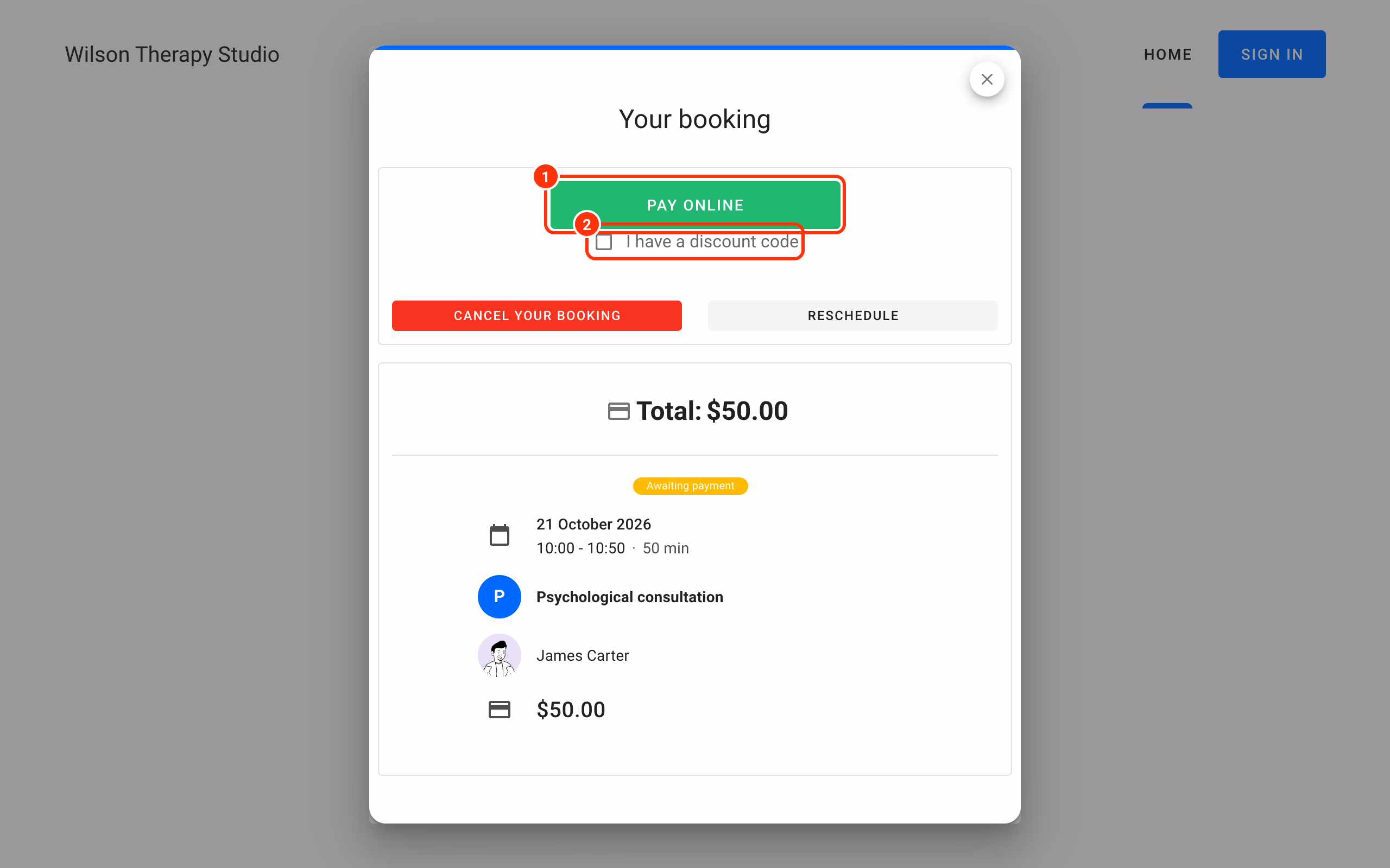 Your booking window: Pay Online button (1) and discount code (2).