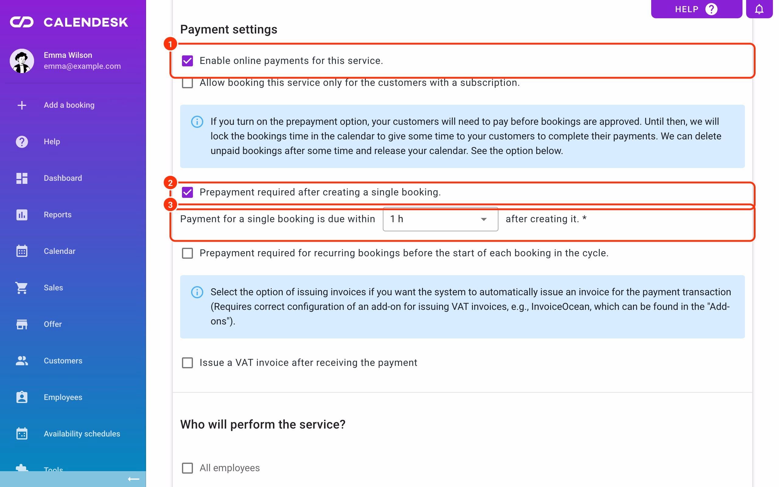 Service payment settings: online payments (1), prepayment (2) and payment time (3).
