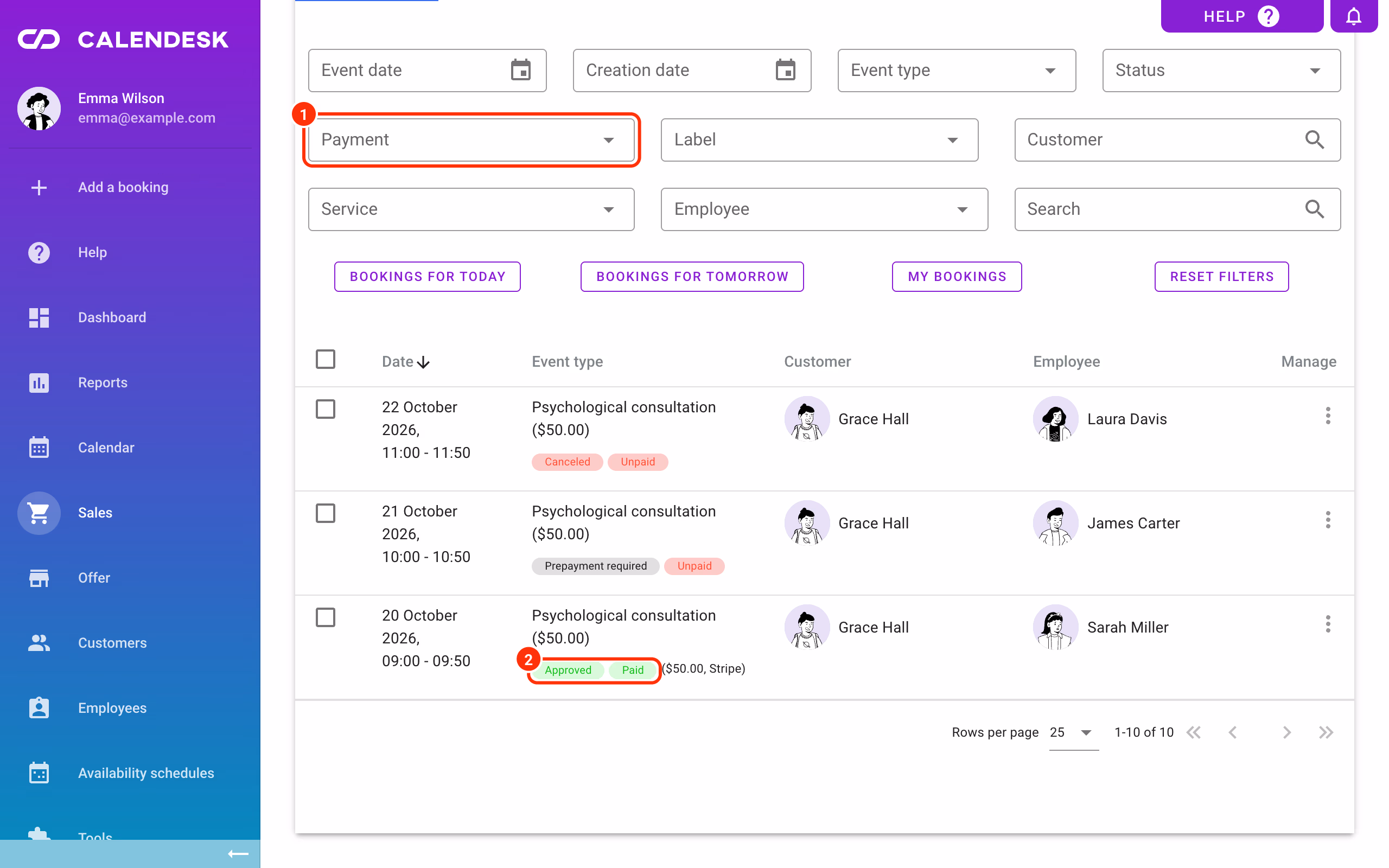 Bookings list: Payment filter (1) and Paid status (2).