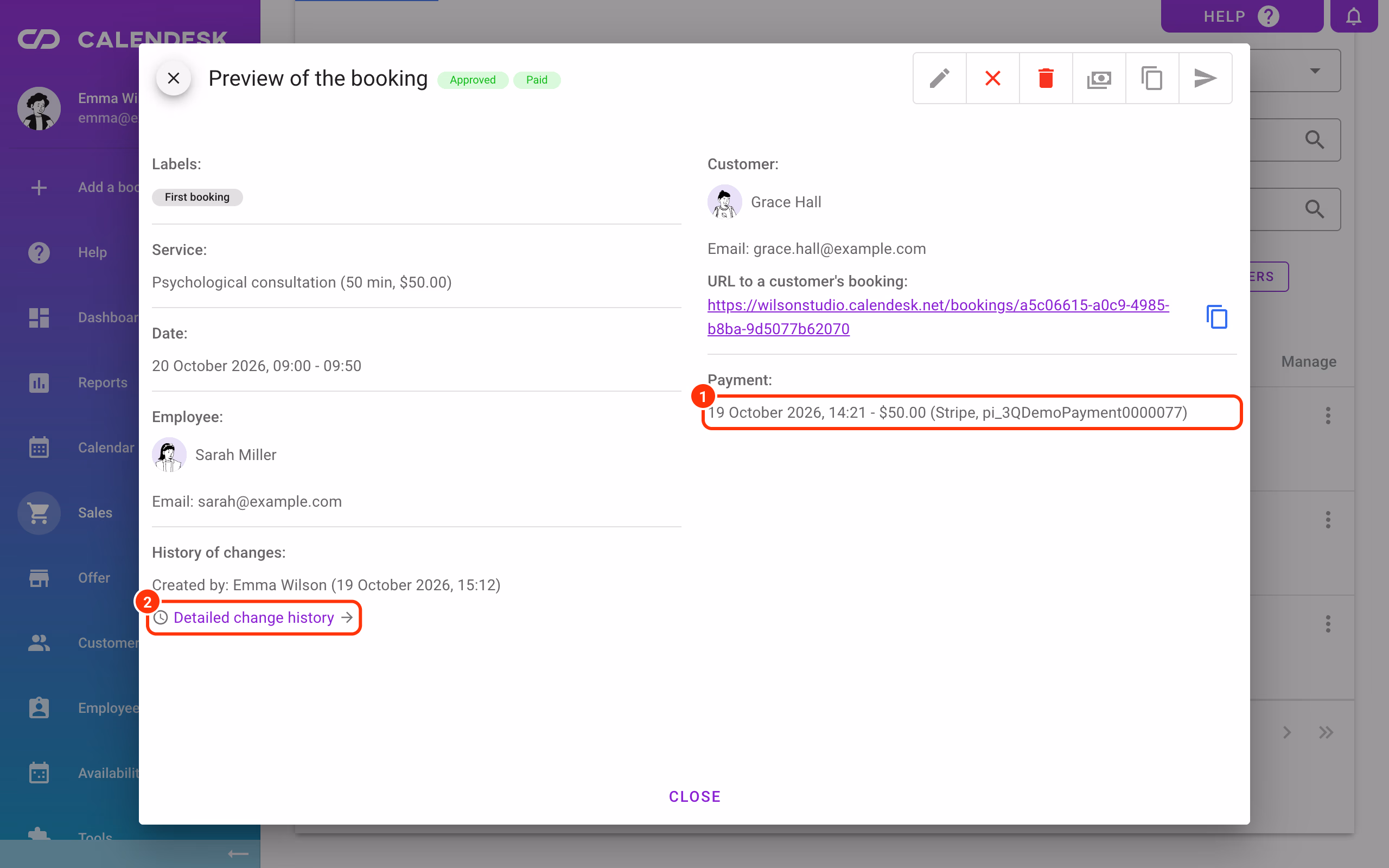 Booking preview: payment details (1) and detailed change history (2).
