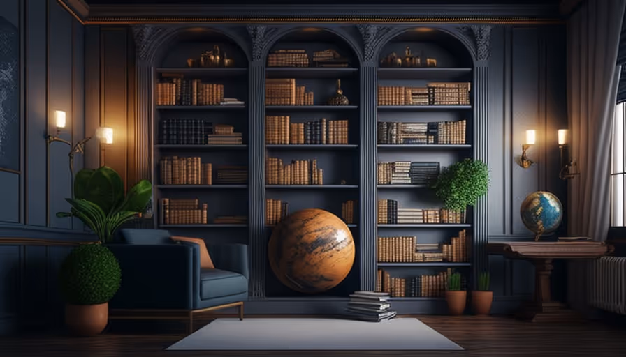 Starannie ułożone półki z książkami i z globusem: Pokaż swoją intelektualną stronę.