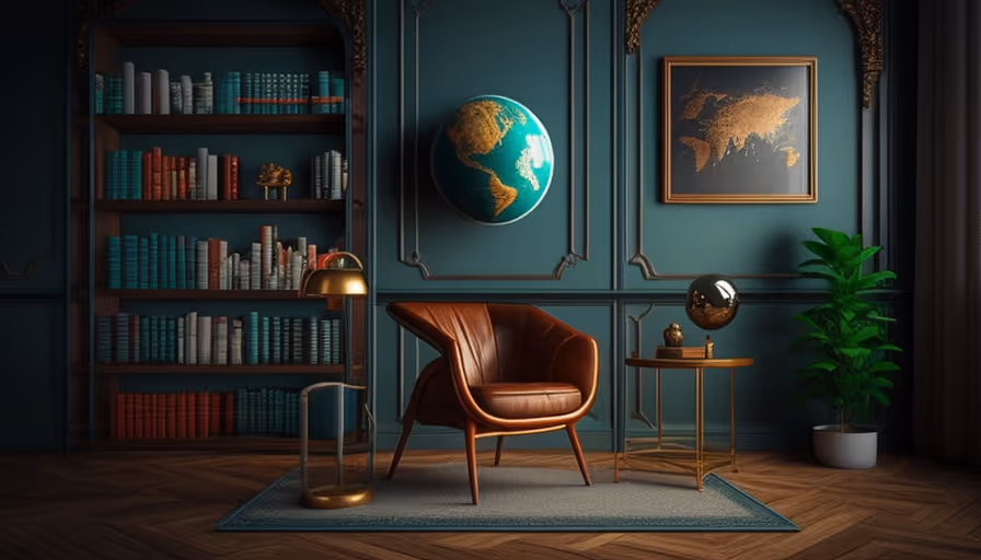 Starannie ułożone półki z książkami i z globusem: Pokaż swoją intelektualną stronę.