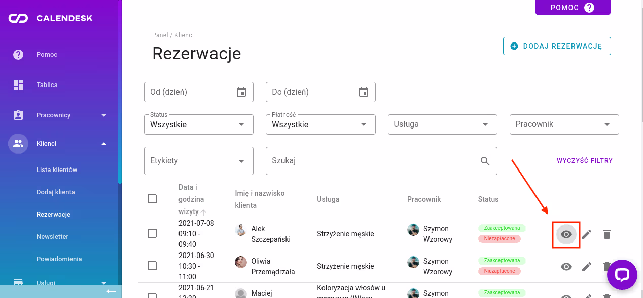 Widok listy rezerwacji
