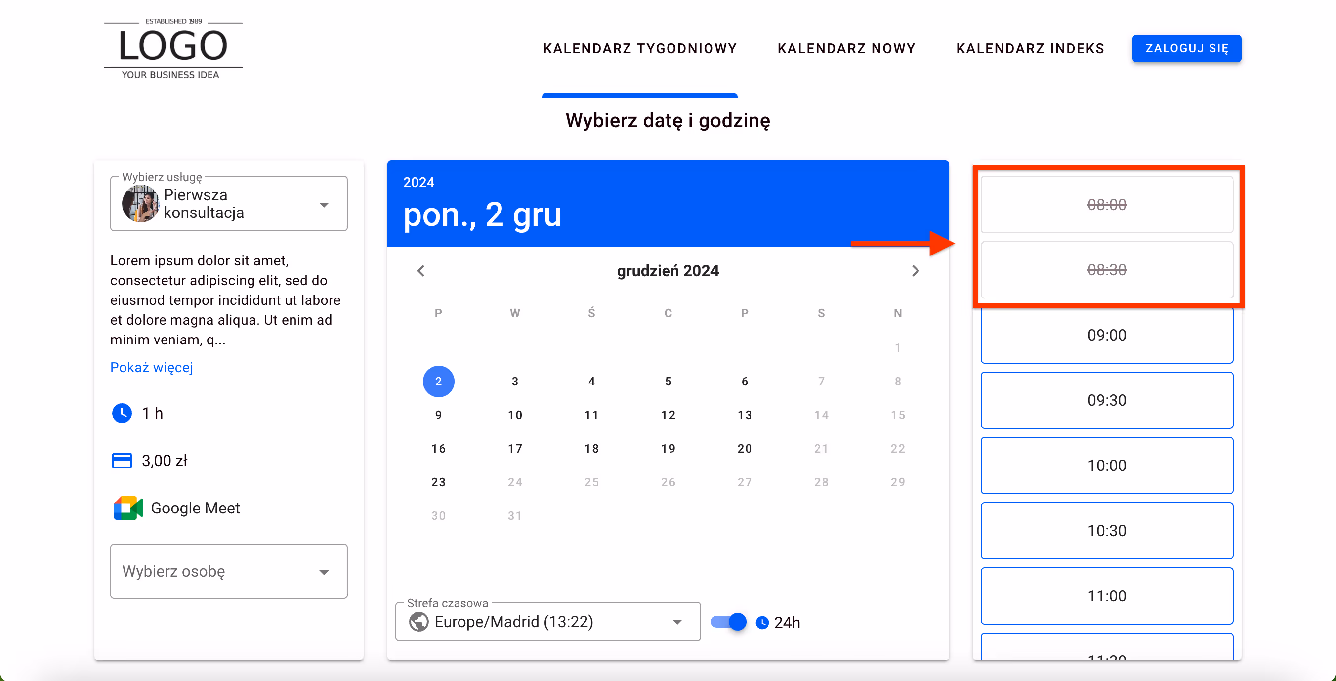 Kalendarz tygodniowy – zajęte terminy.