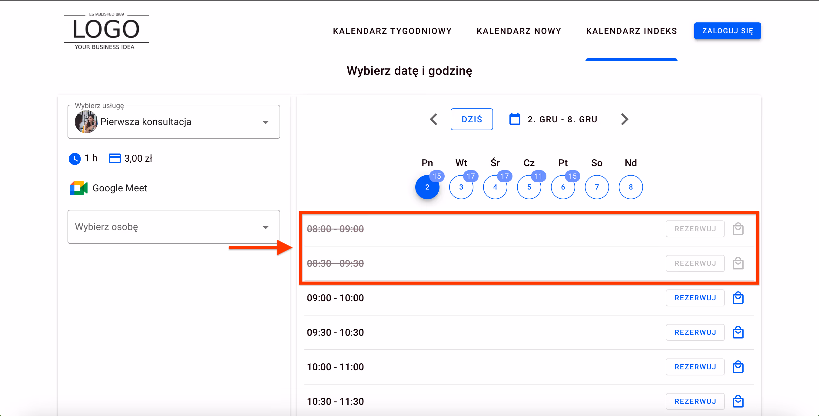 Kalendarz z indeksem - zajęte terminy.