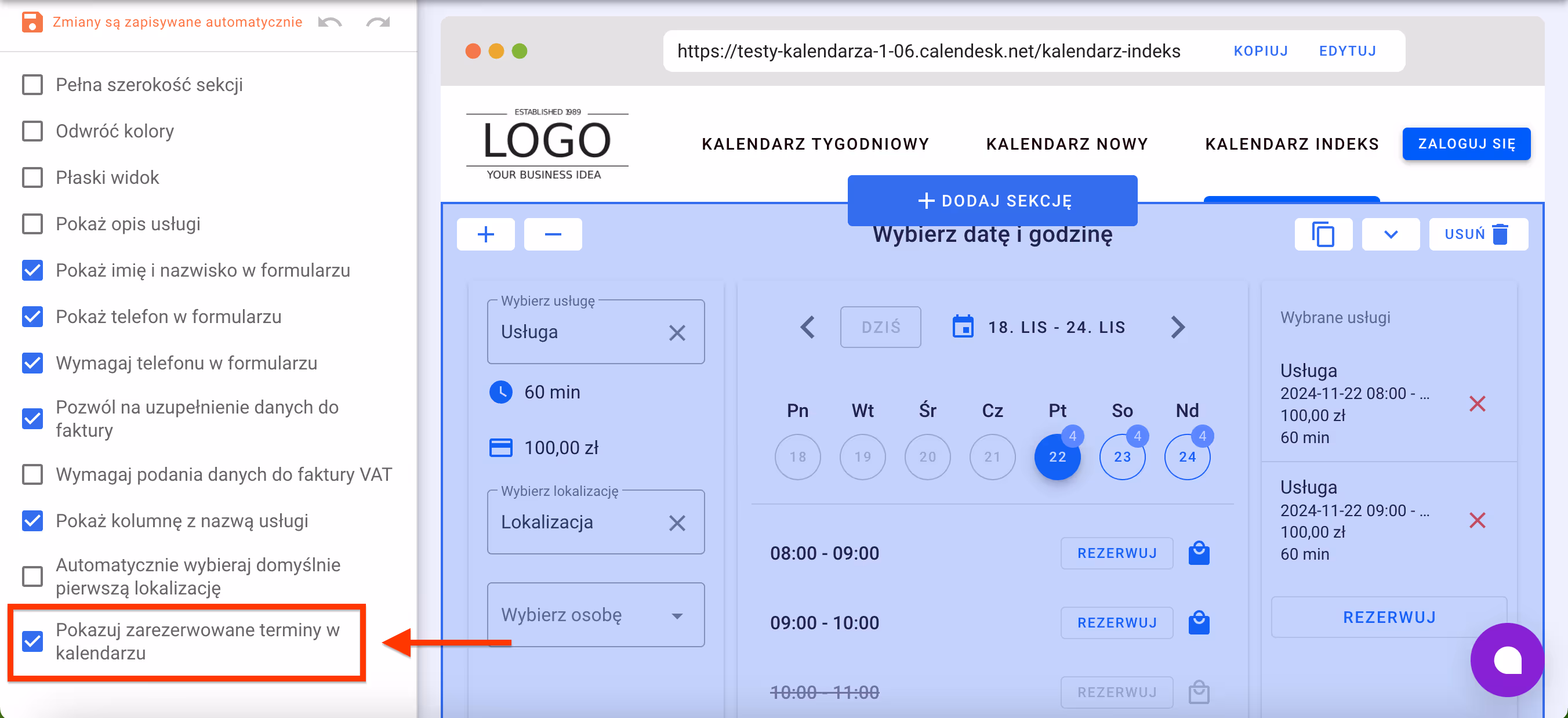 Aktywacja zarezerwowanych terminów w kalendarzu.