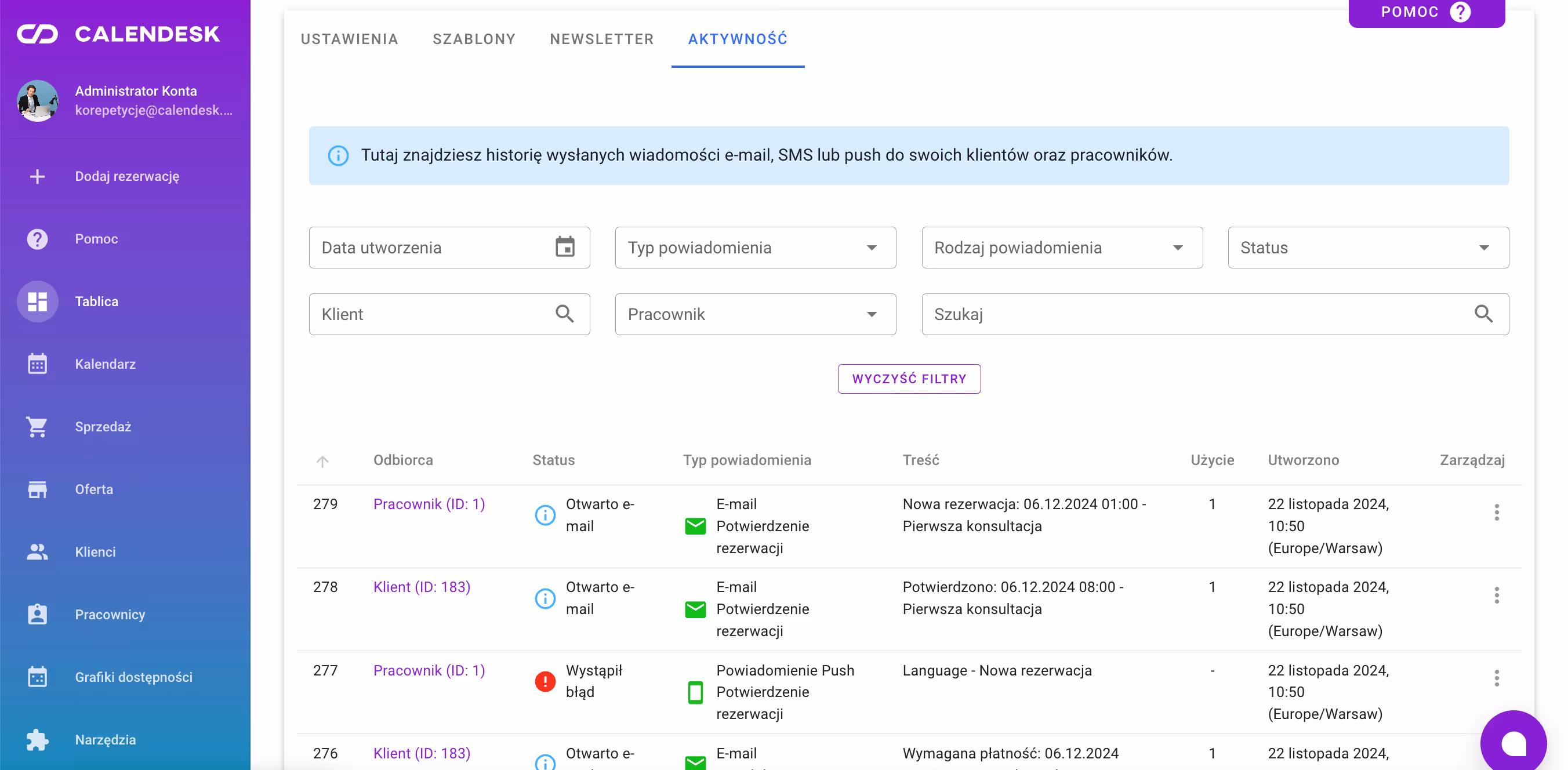 Aktywność-historia powiadomień.