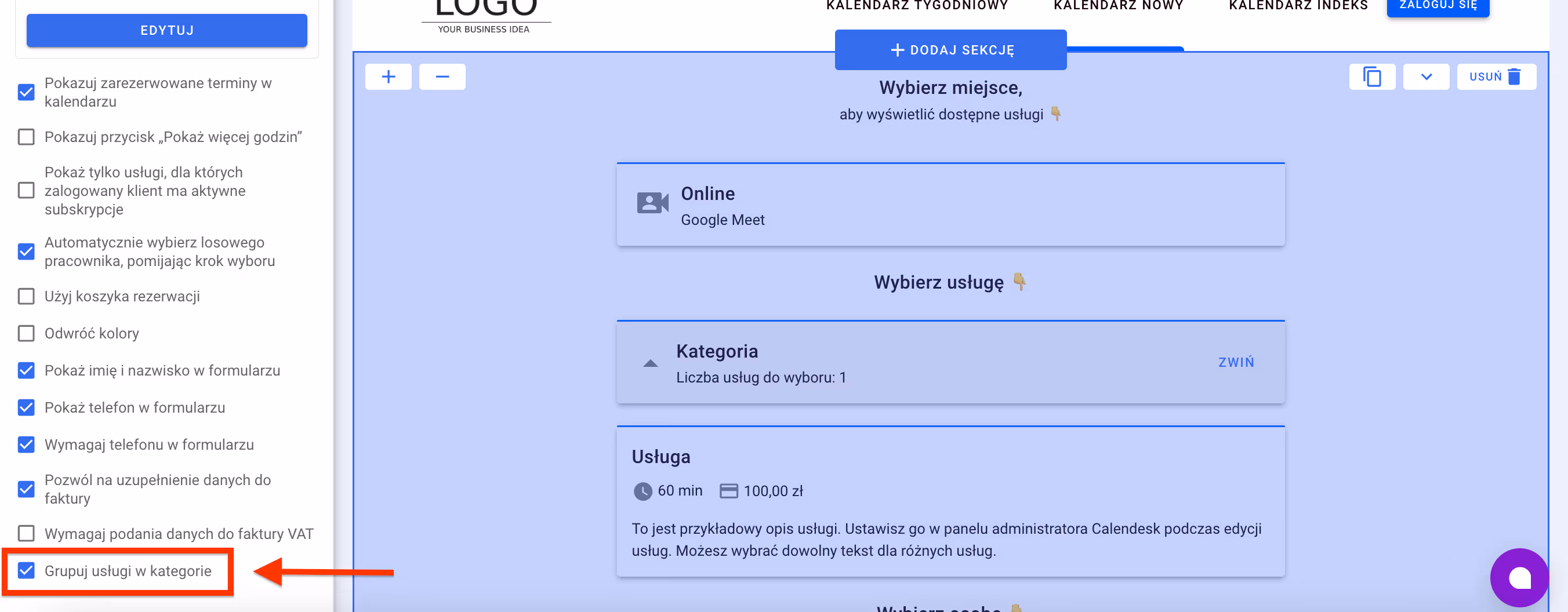 Pole wyboru do zmiany ustawień kalendarza.