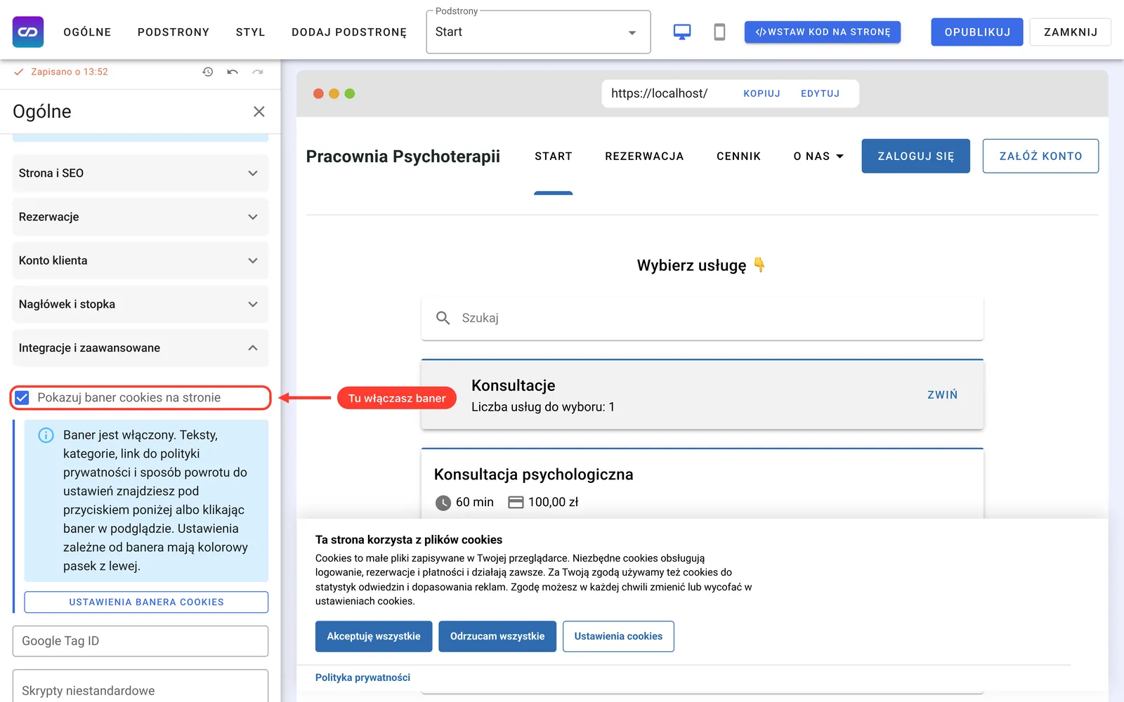 Zaznaczenie „Pokazuj baner cookies na stronie” w kreatorze stron Calendesk