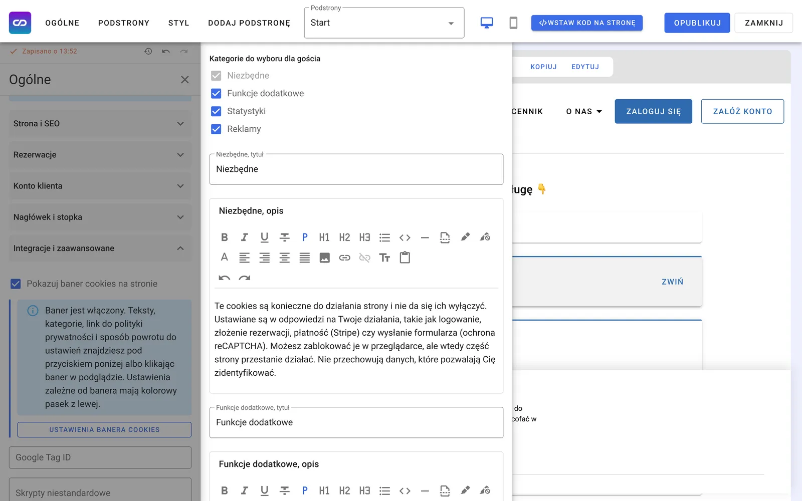 Lista kategorii cookies do wyboru dla gościa w kreatorze