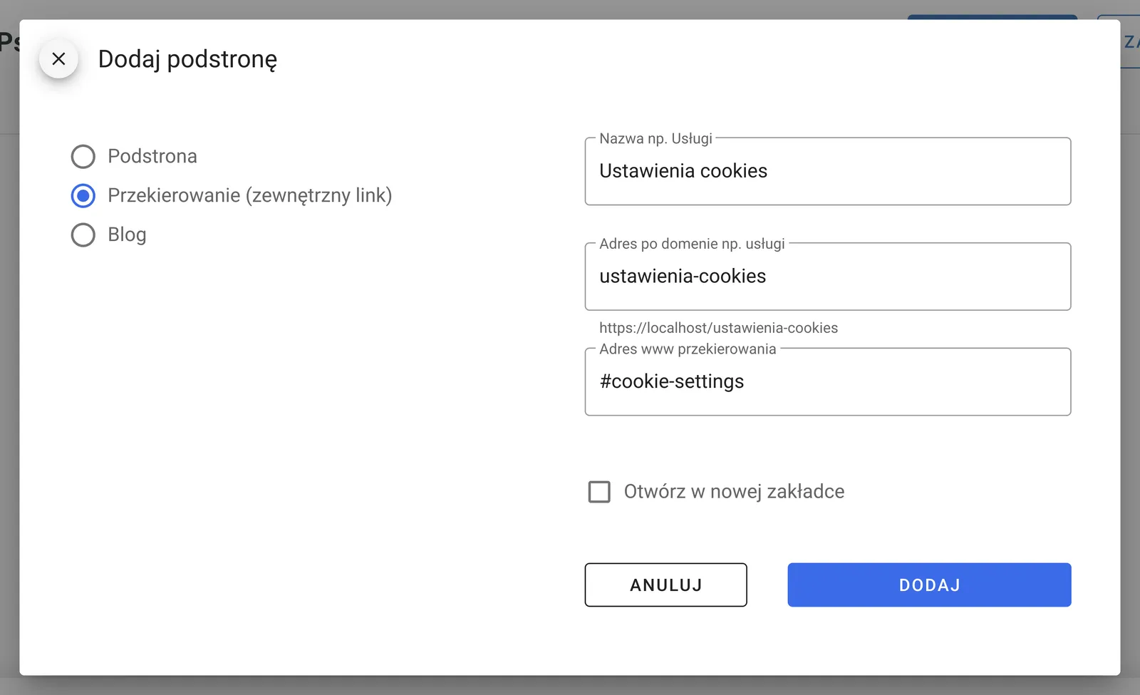 Nowa podstrona typu Przekierowanie z adresem #cookie-settings