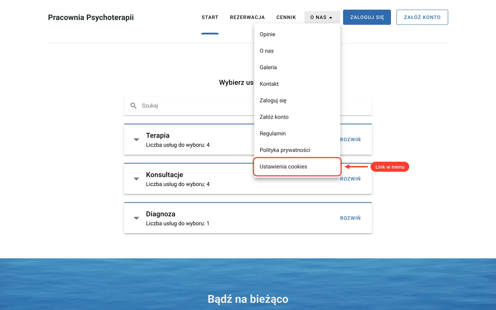 Pozycja „Ustawienia cookies” w menu w nagłówku strony
