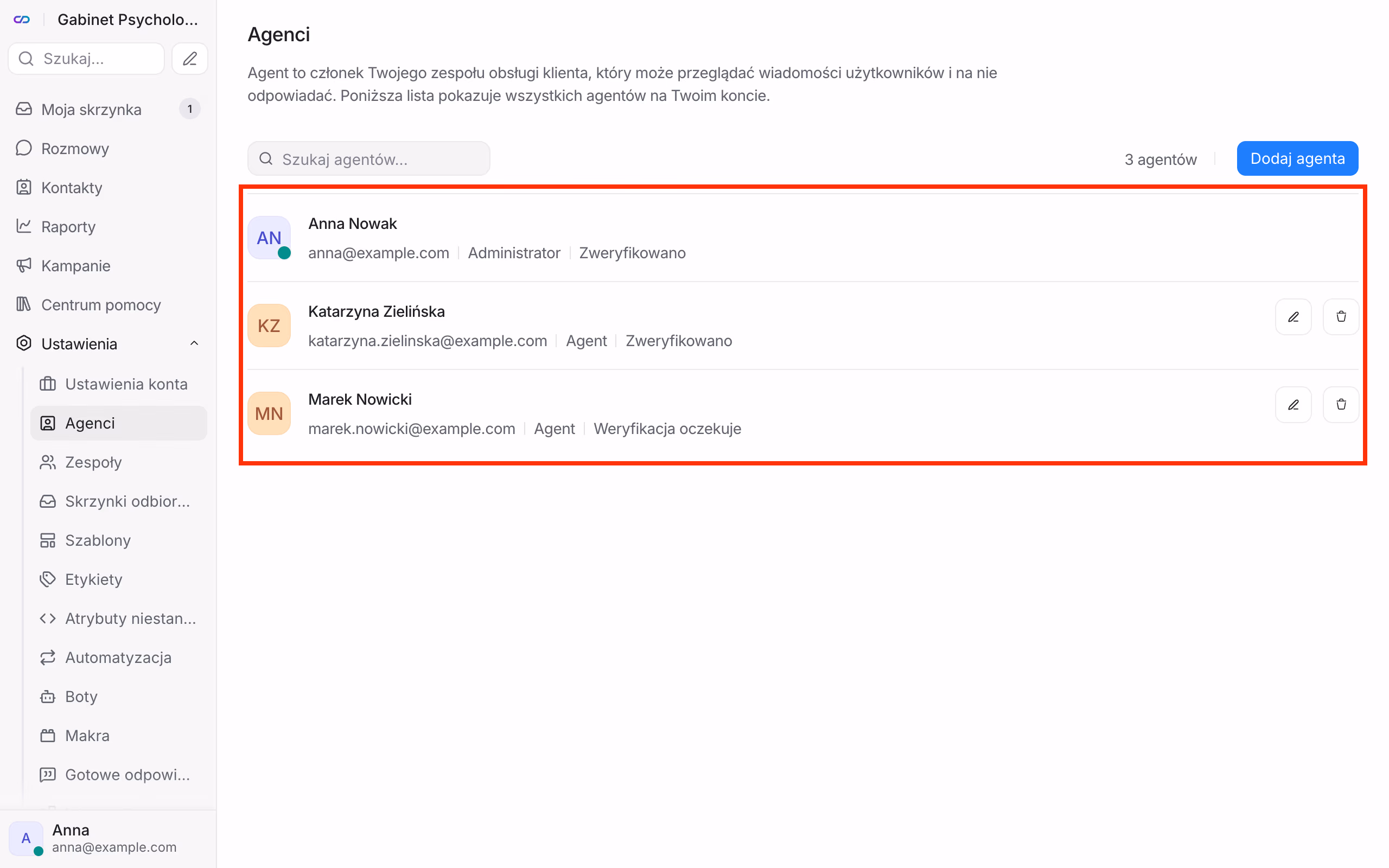 Lista agentów i ich role.