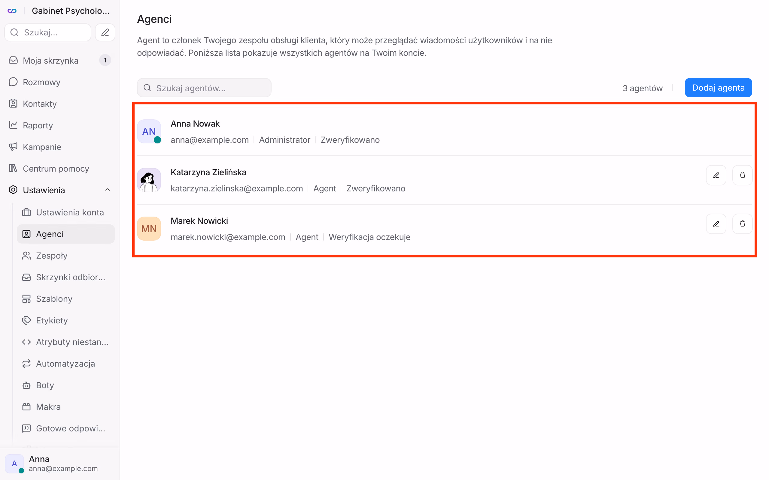 Lista agentów i ich role.