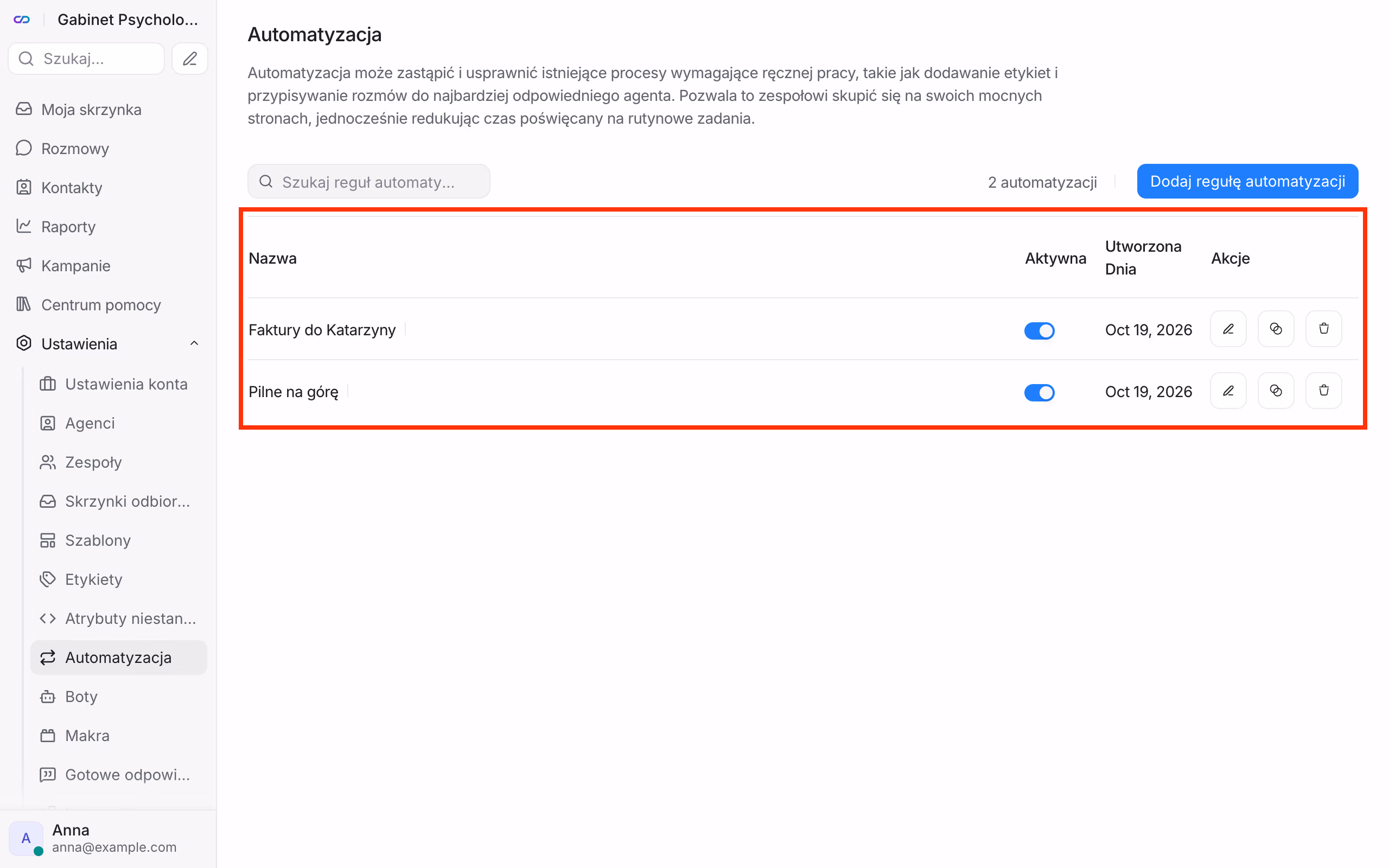Lista reguł automatyzacji.