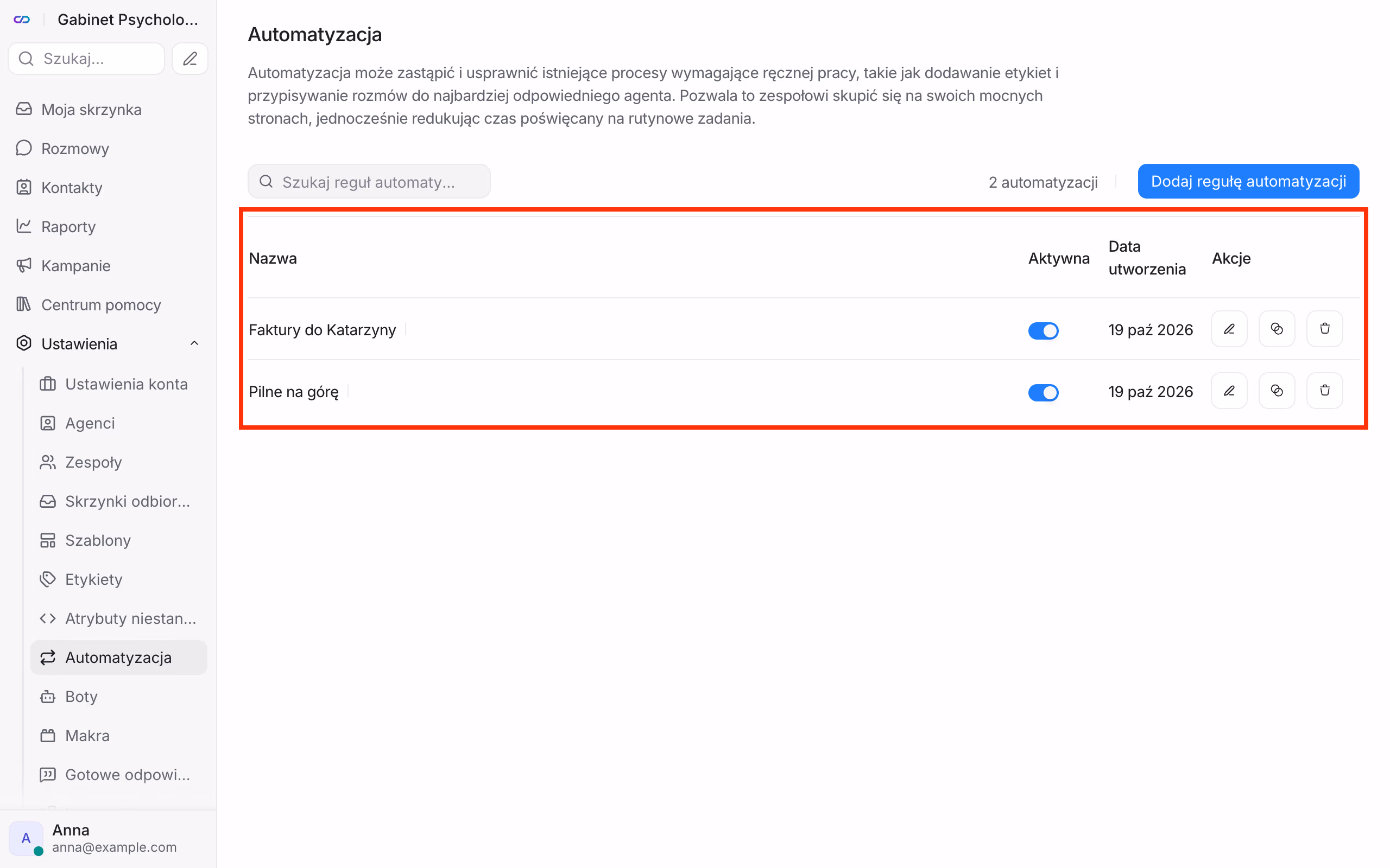 Lista reguł automatyzacji.