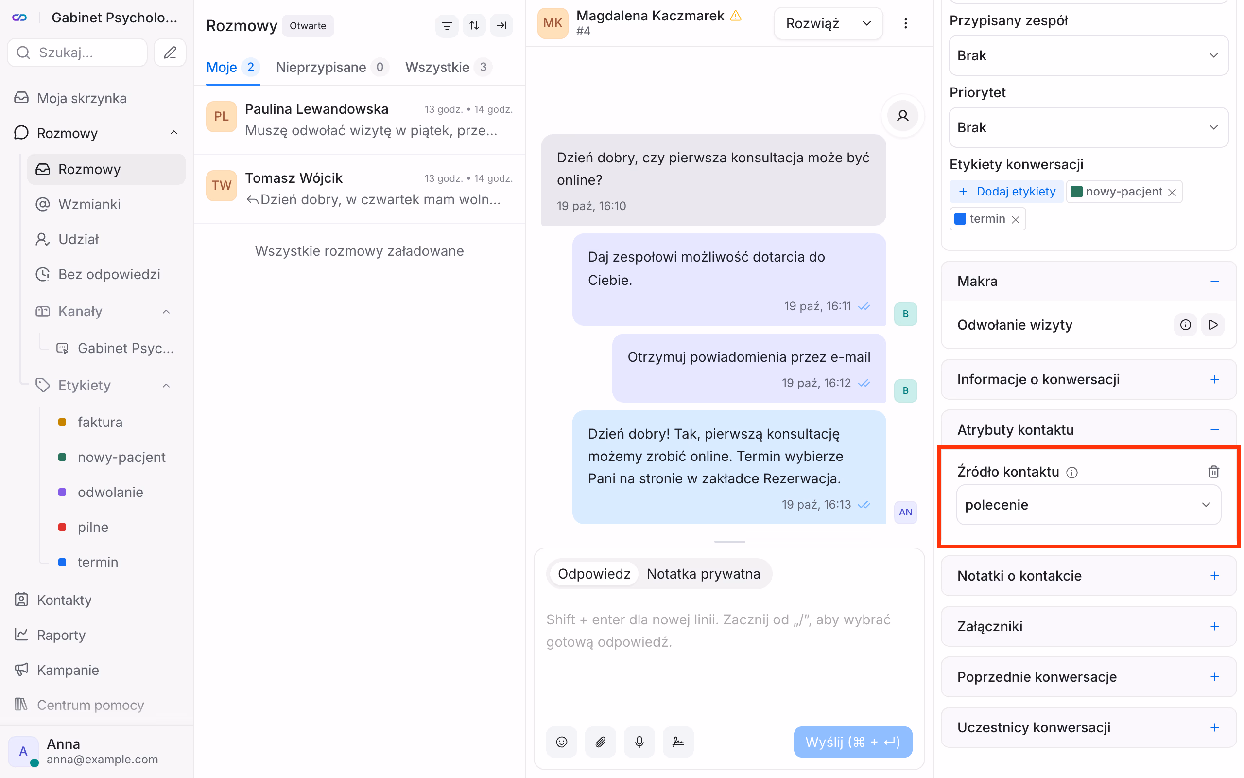 Atrybut kontaktu uzupełniony w rozmowie.