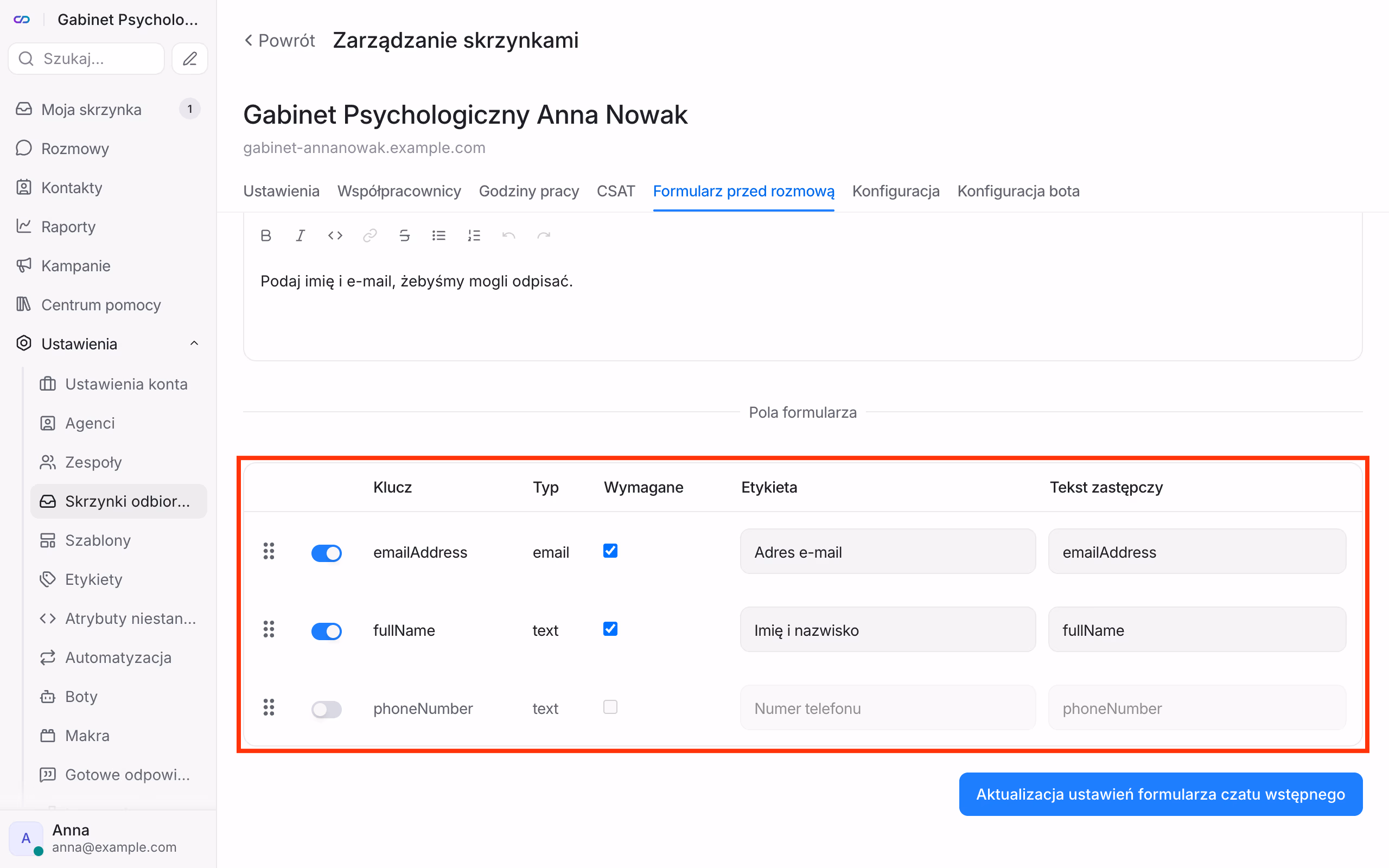 Formularz przed rozmową: imię i e-mail.