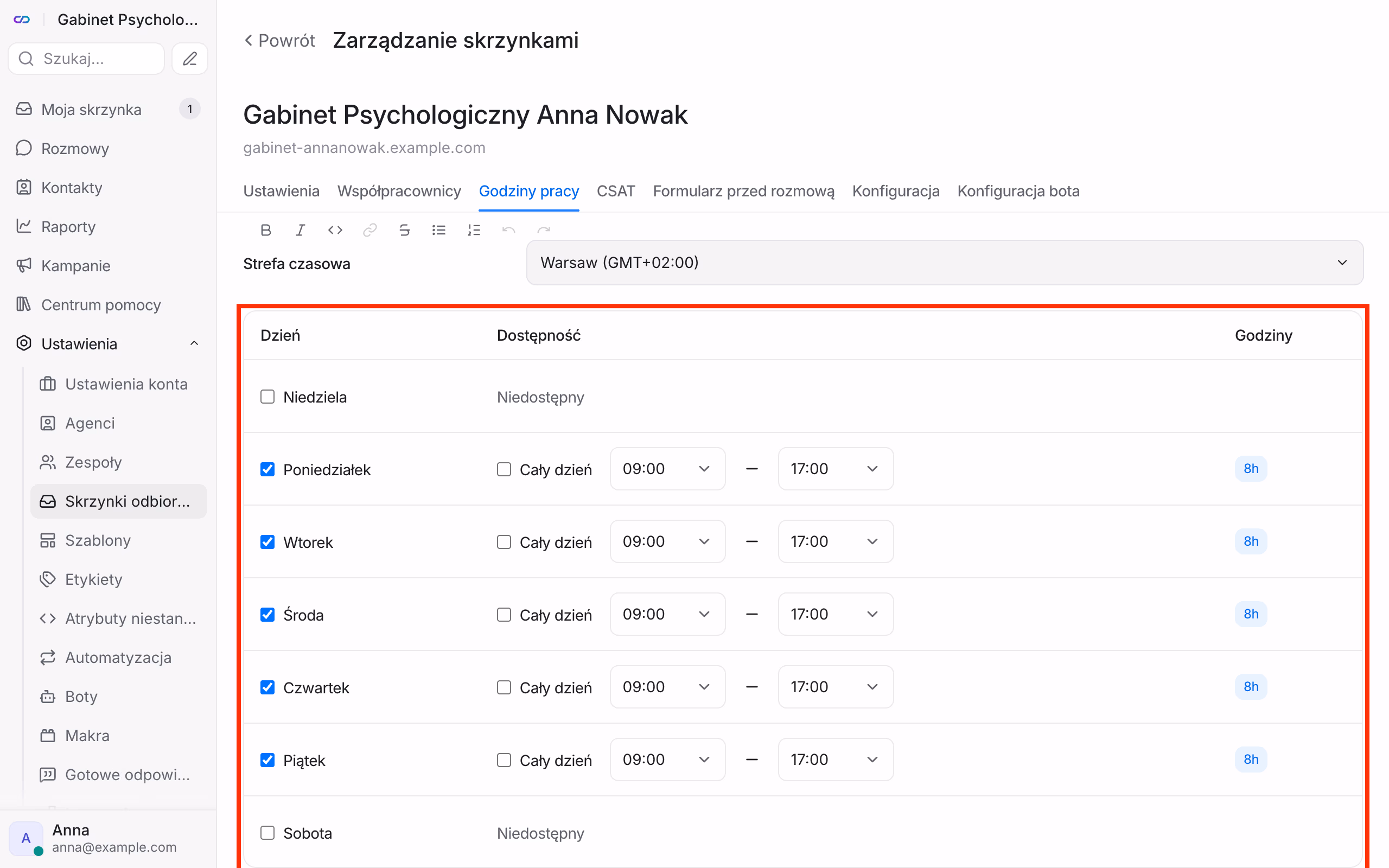 Godziny pracy czatu.