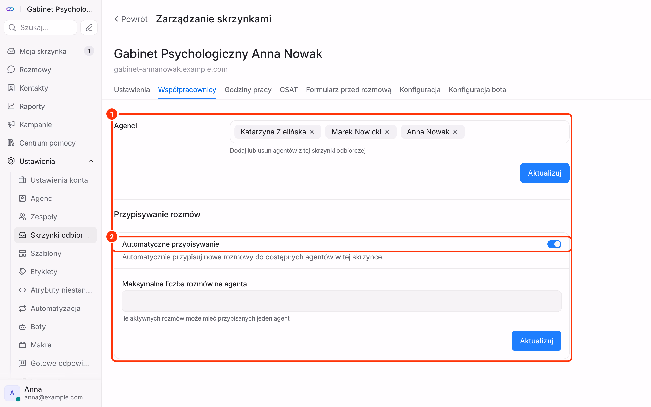 Współpracownicy: agenci przypisani do skrzynki.