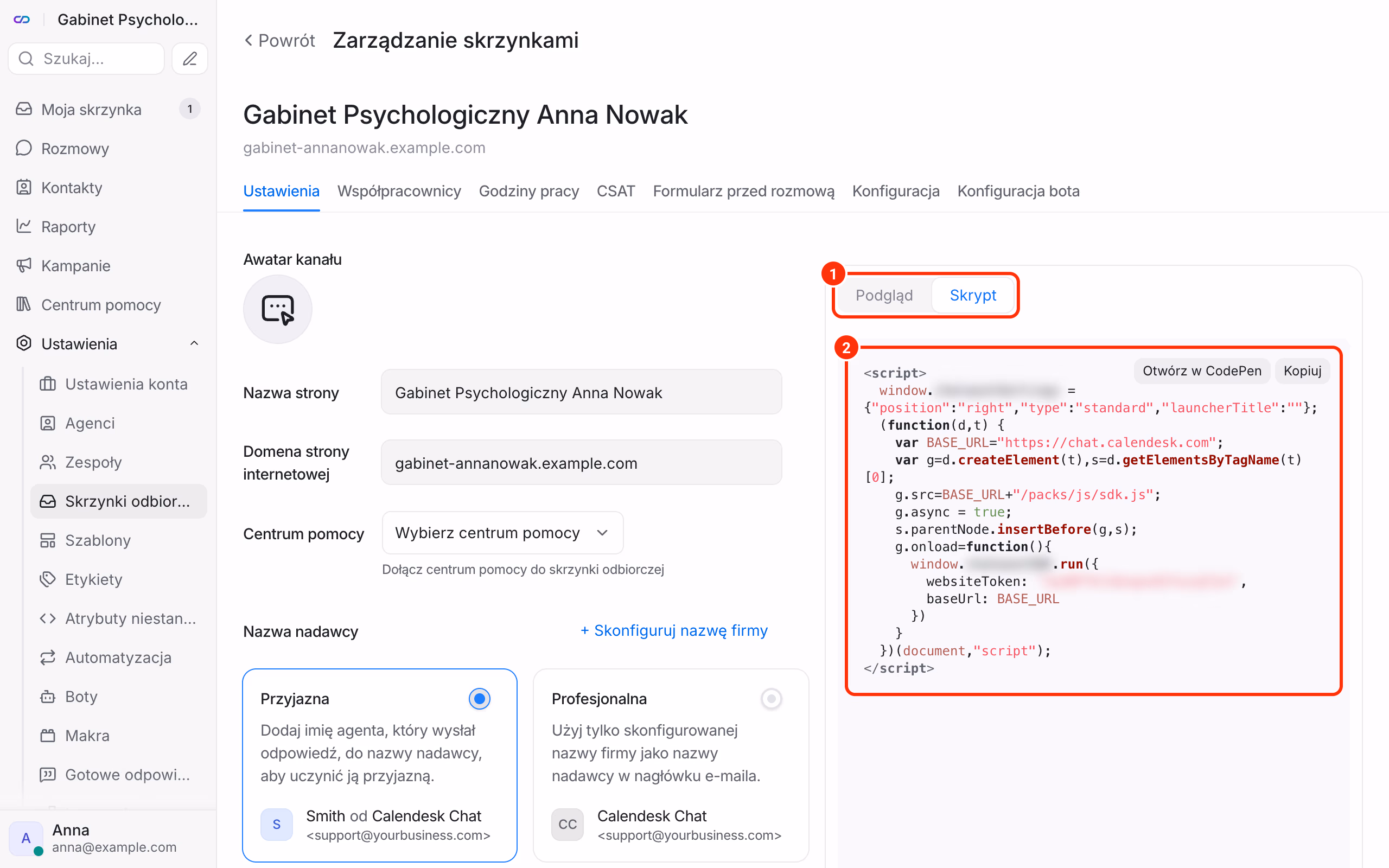 Ustawienia skrzynki: przełącznik Podgląd / Skrypt.