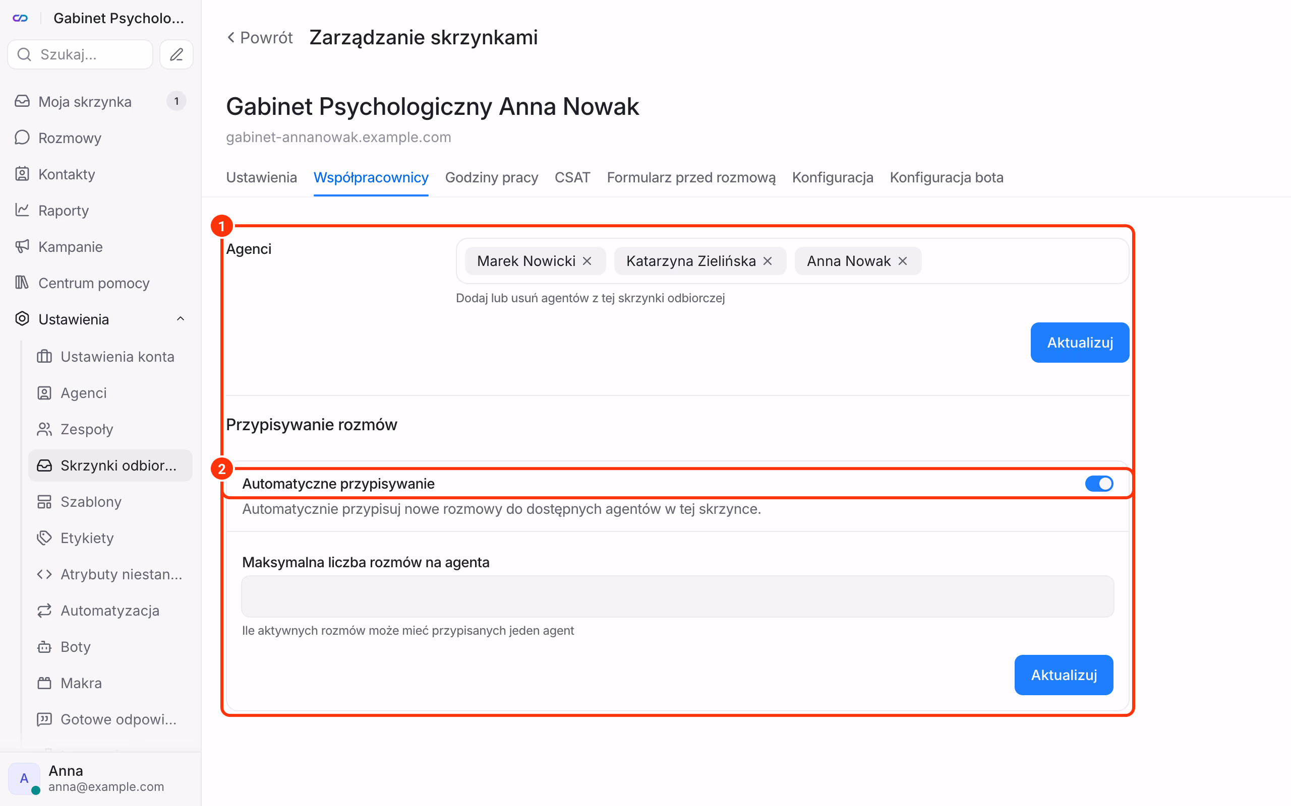 Współpracownicy: agenci przypisani do skrzynki.