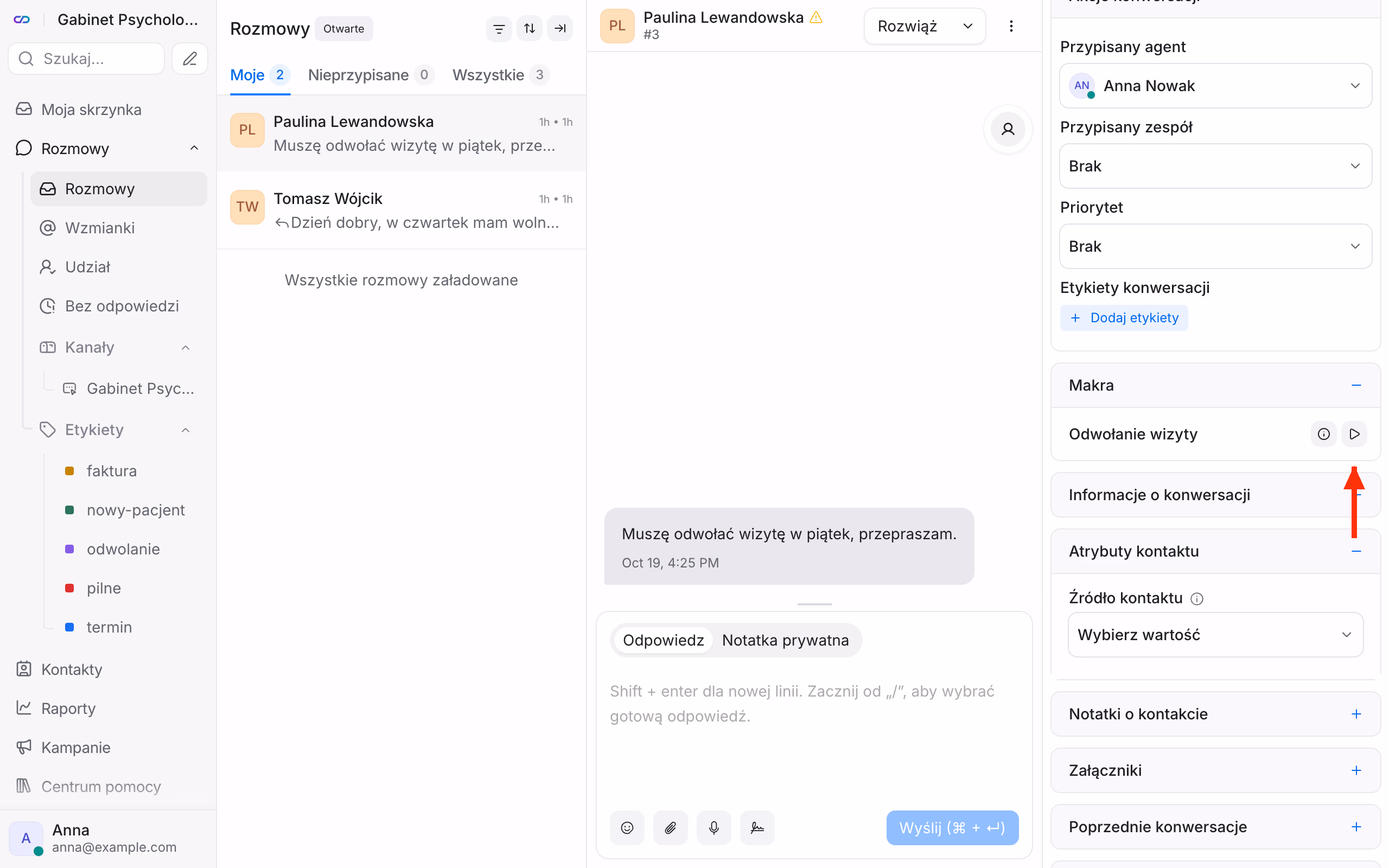 Uruchamianie makra w rozmowie.