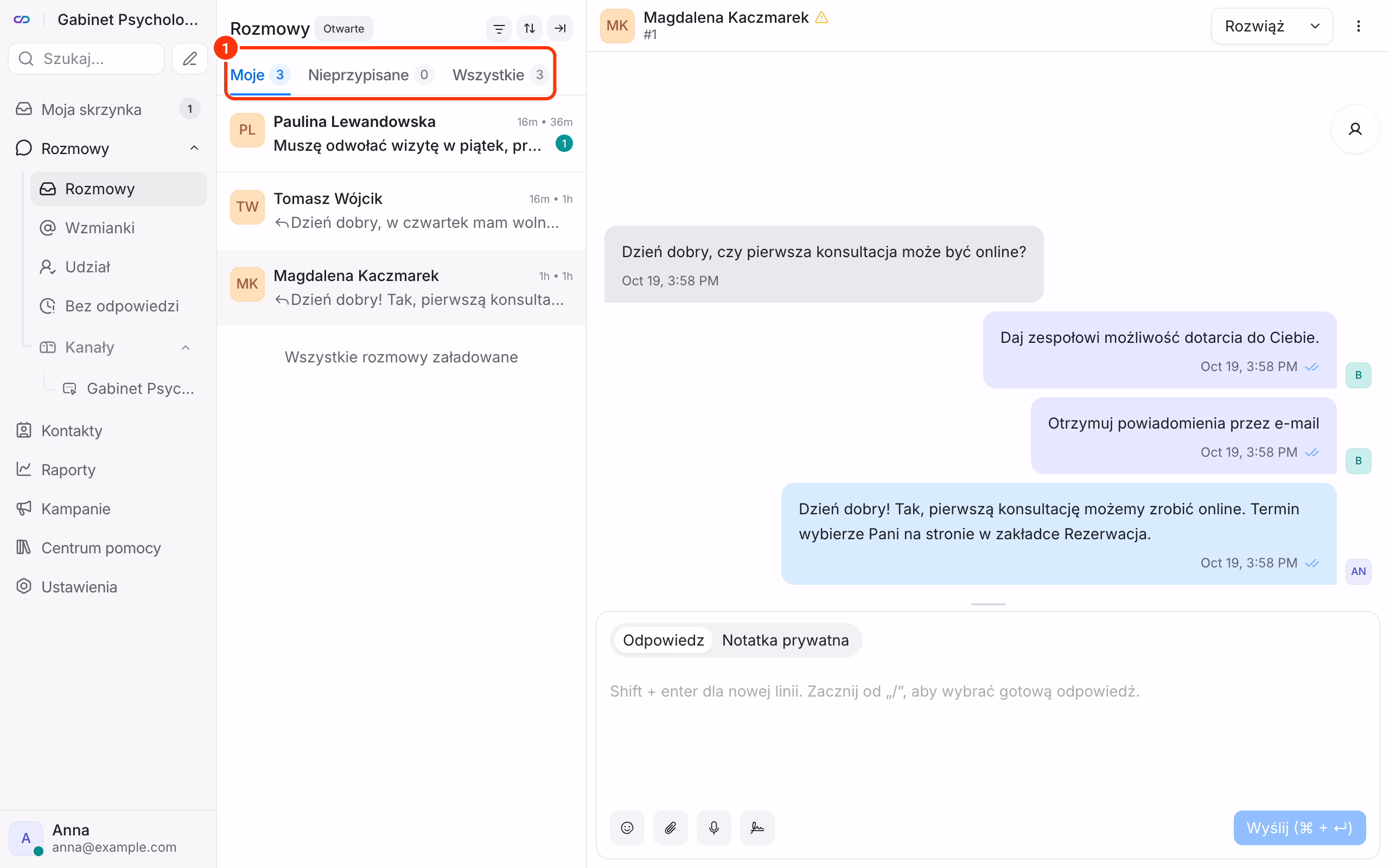 Lista rozmów i zakładki Moje, Nieprzypisane, Wszystkie.