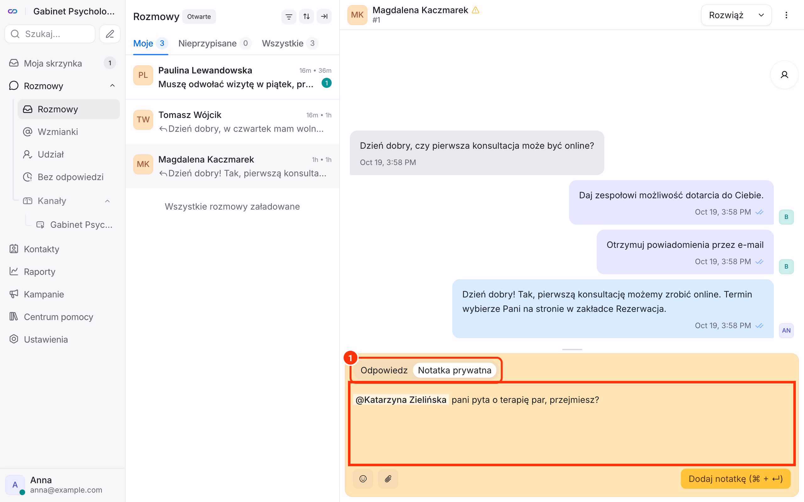 Notatka prywatna w rozmowie.