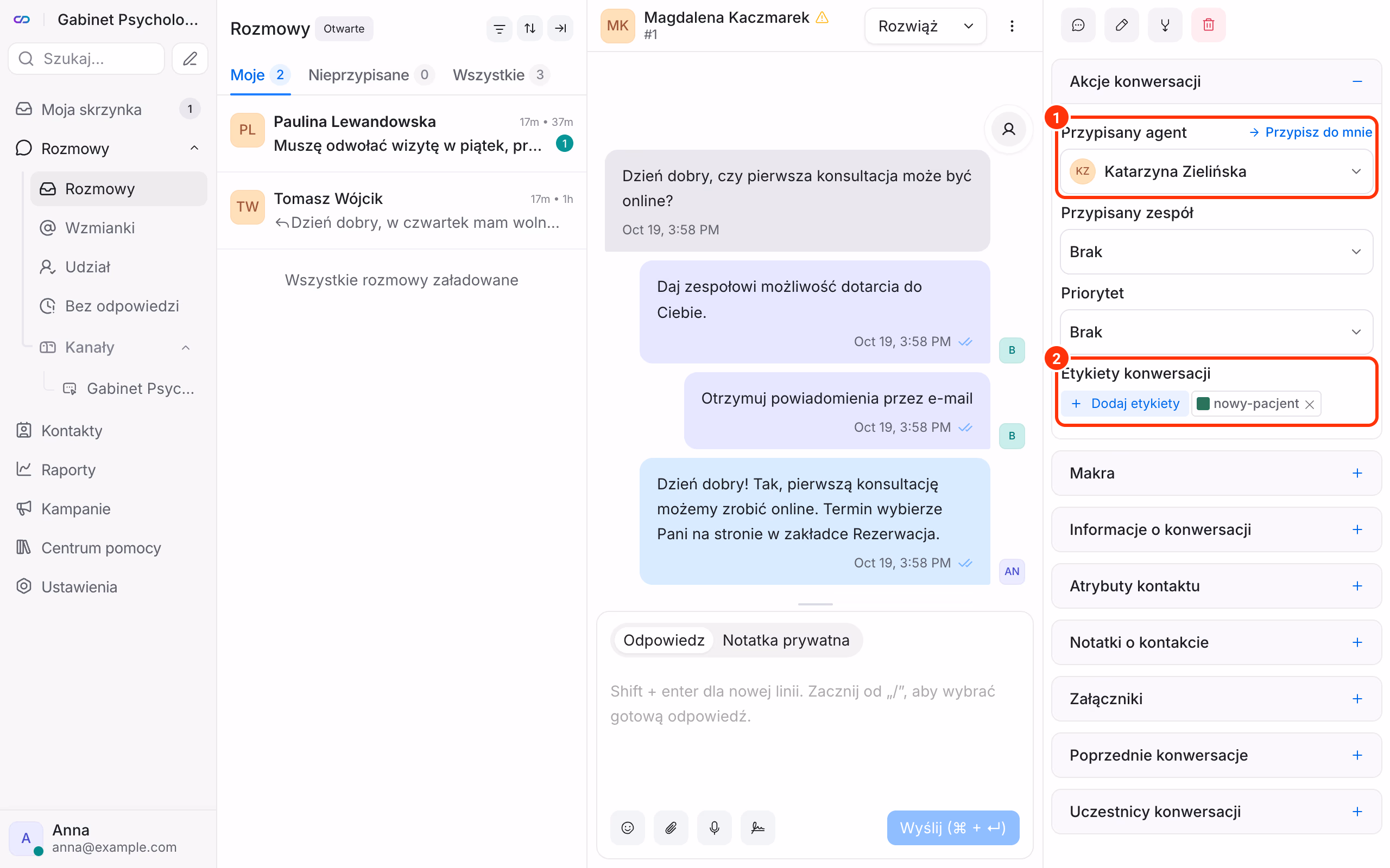 Przypisany agent i etykieta rozmowy.
