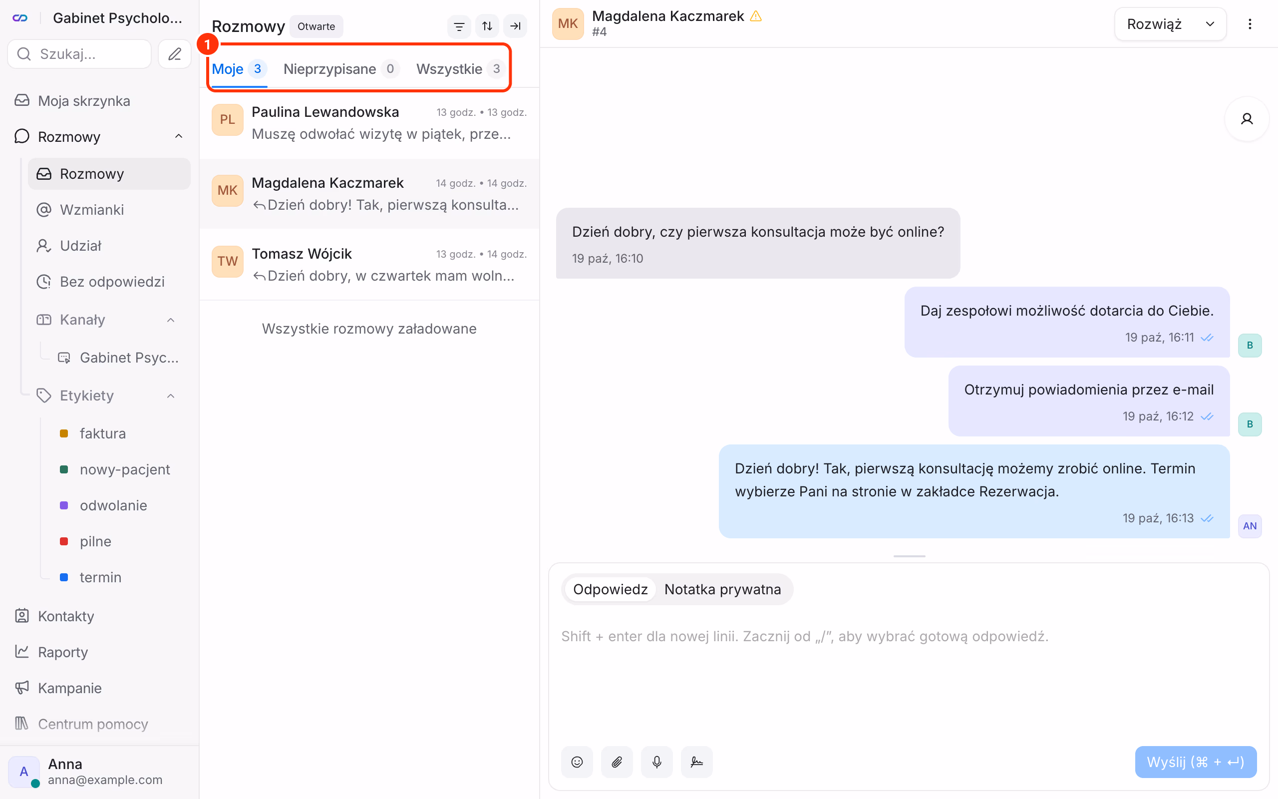 Lista rozmów i zakładki Moje, Nieprzypisane, Wszystkie.