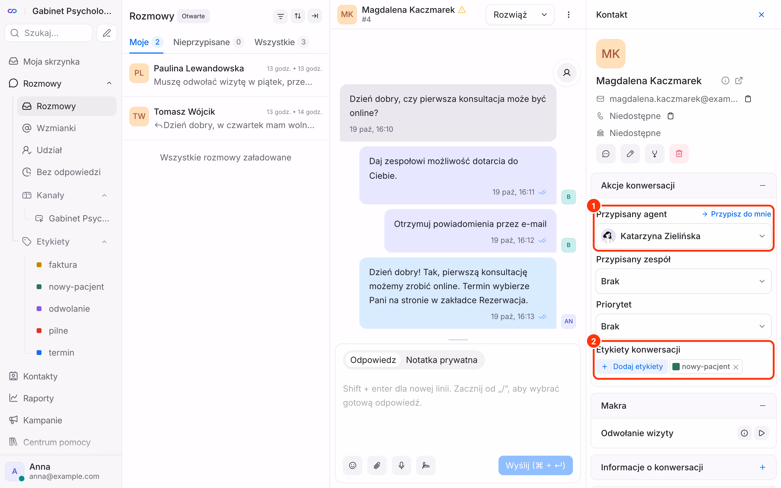 Przypisany agent i etykieta rozmowy.