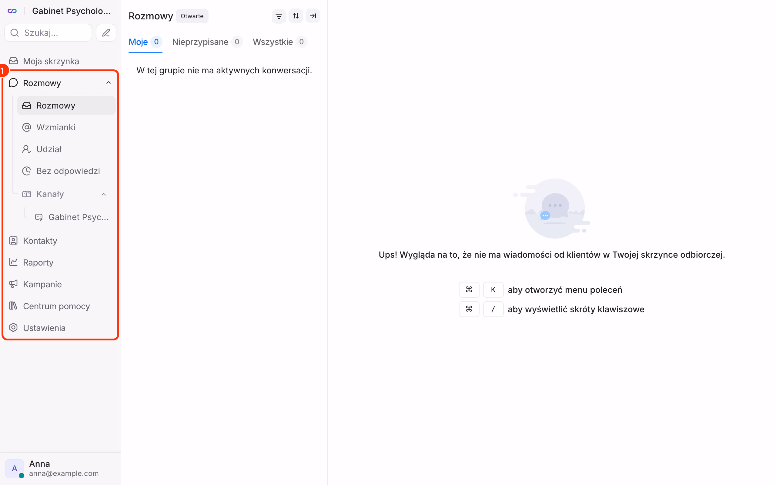 Panel czatu po pierwszym logowaniu: menu po lewej.