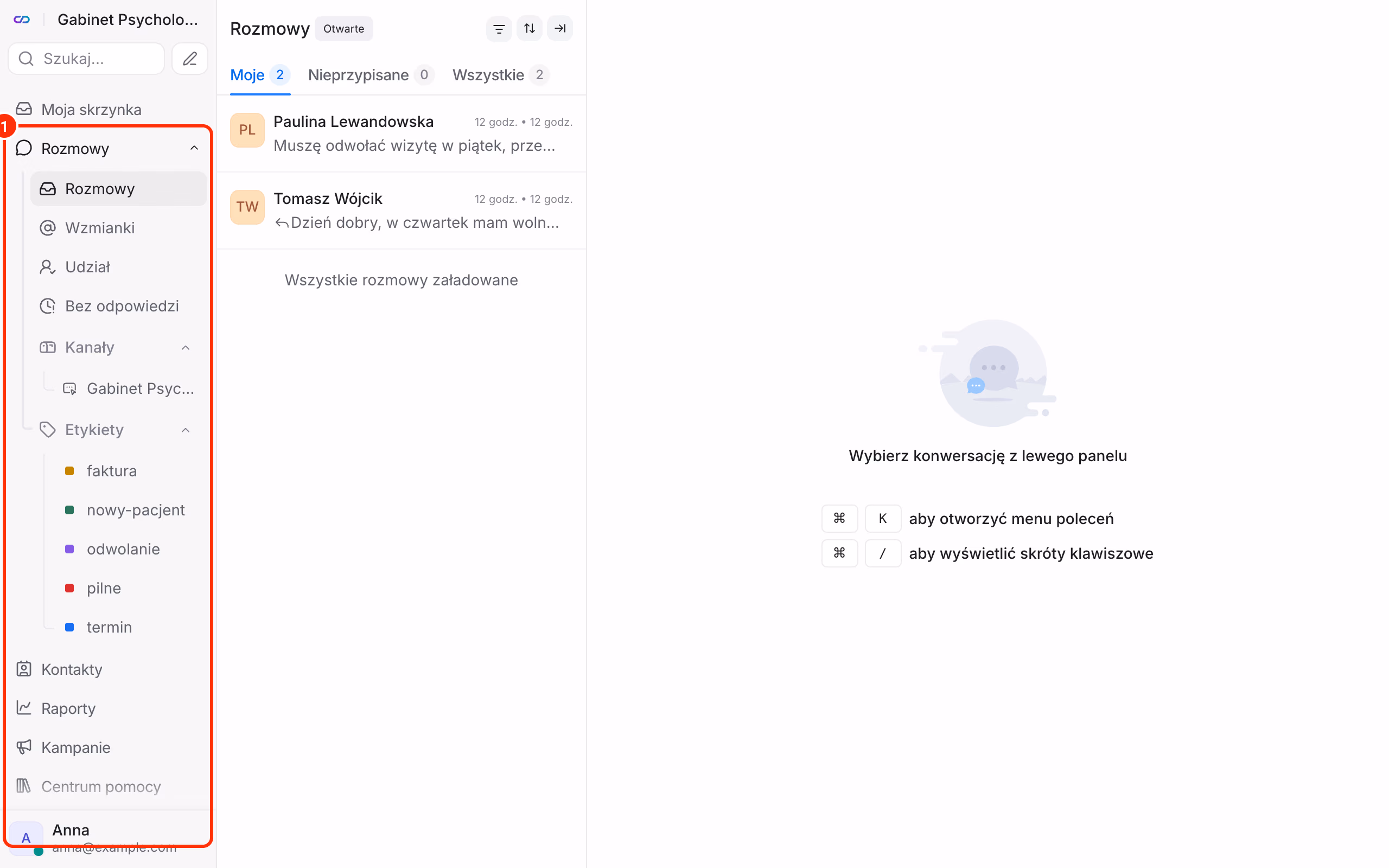 Panel czatu po pierwszym logowaniu: menu po lewej.