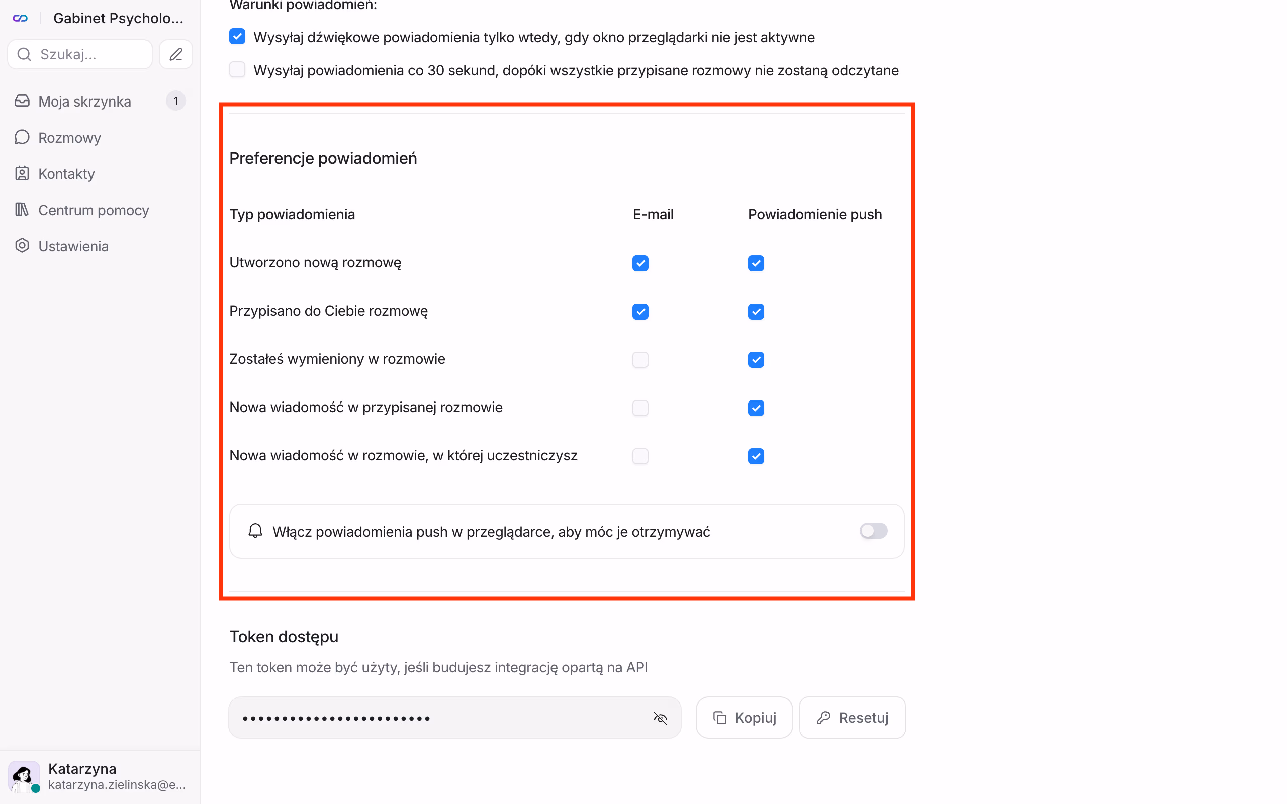 Preferencje powiadomień e-mail i push.