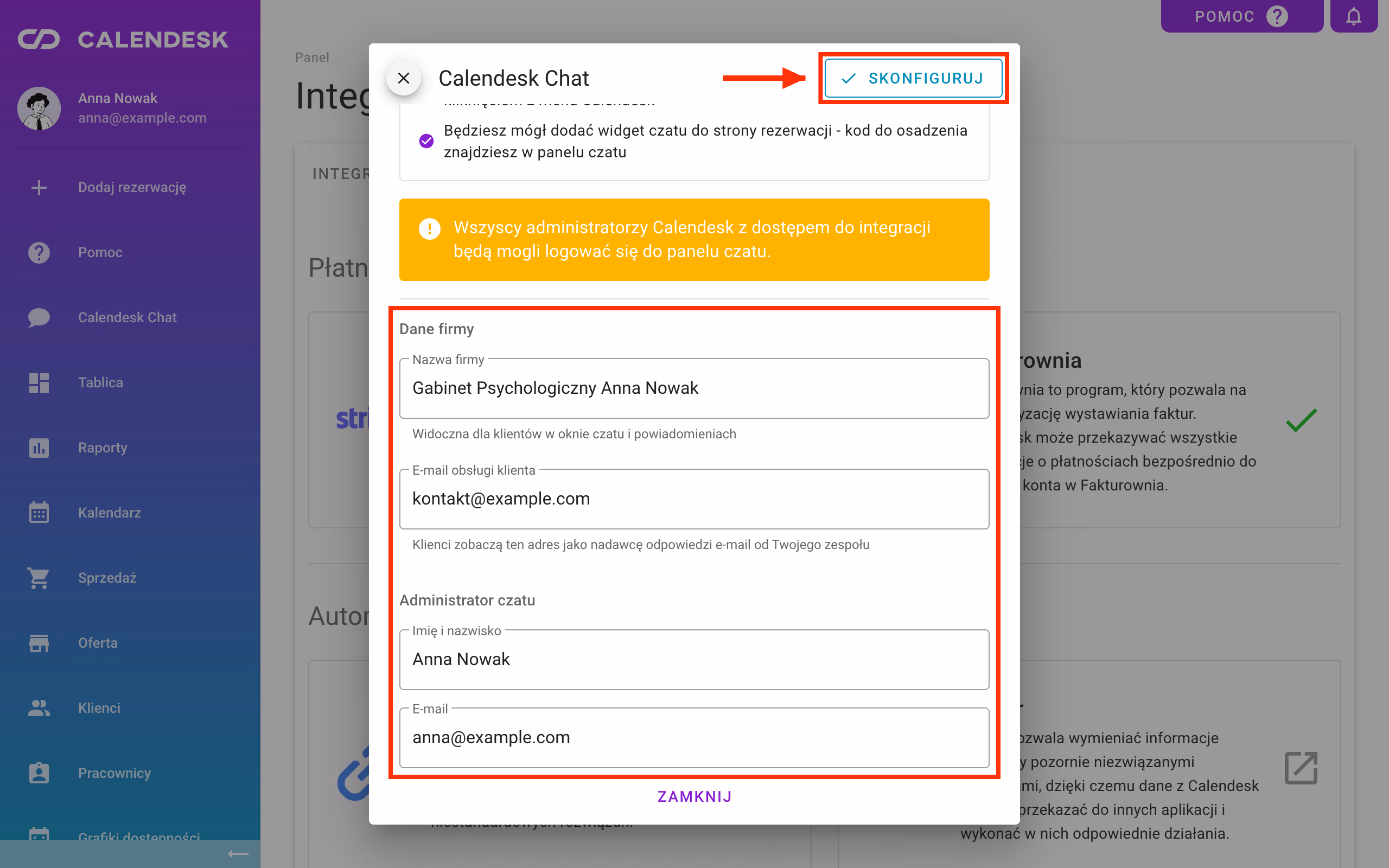 Integracje: formularz konfiguracji Calendesk Chat.