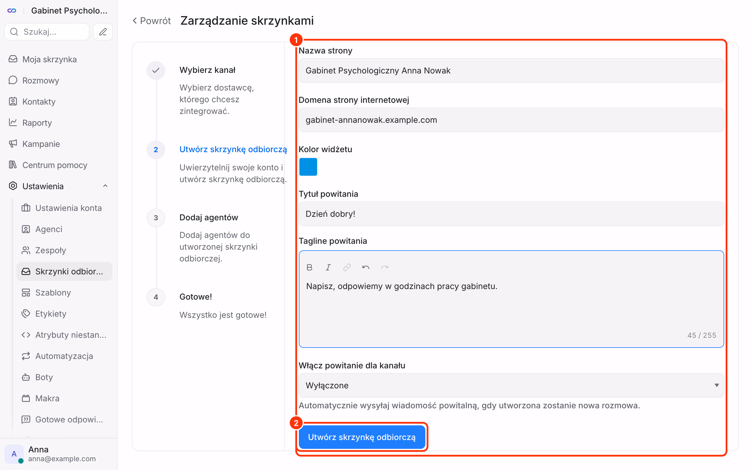 Formularz kanału strony internetowej.