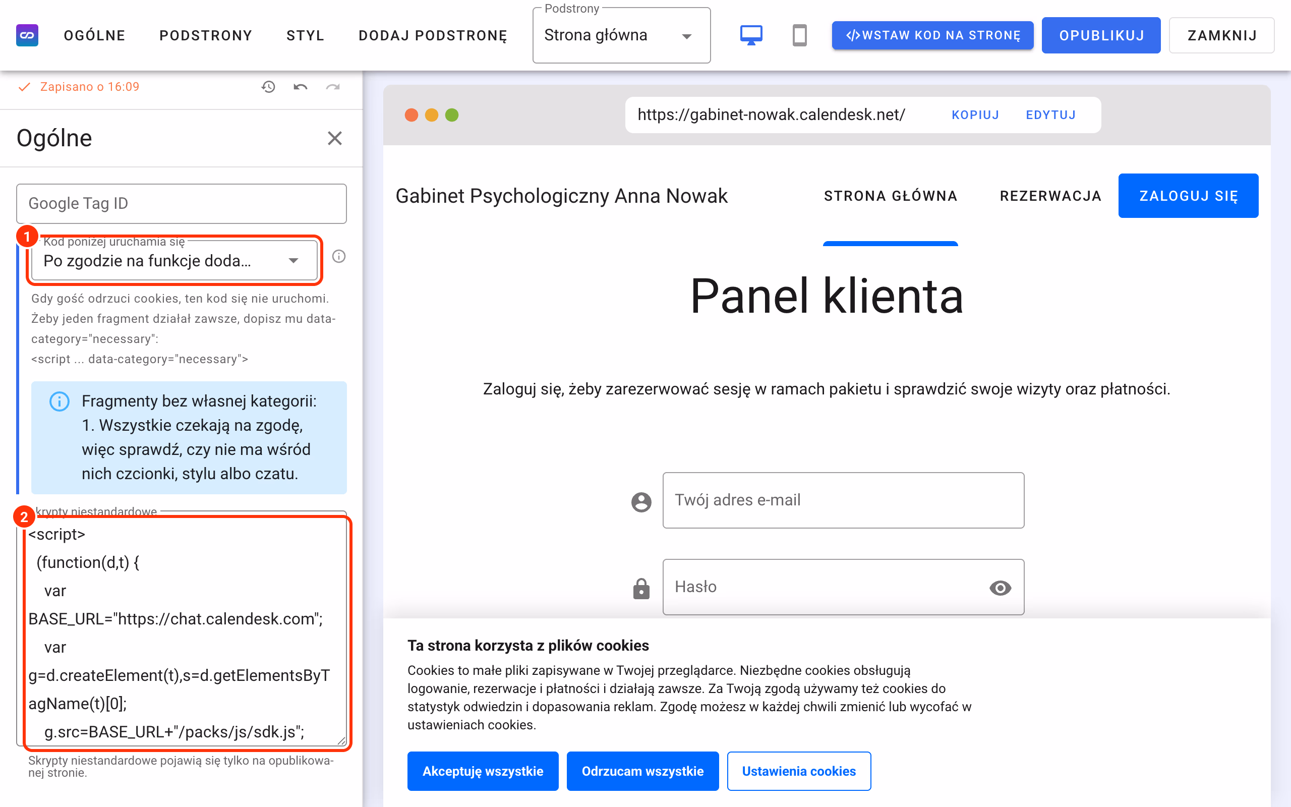 Kreator strony: skrypt czatu w kodzie niestandardowym z banerem cookies.