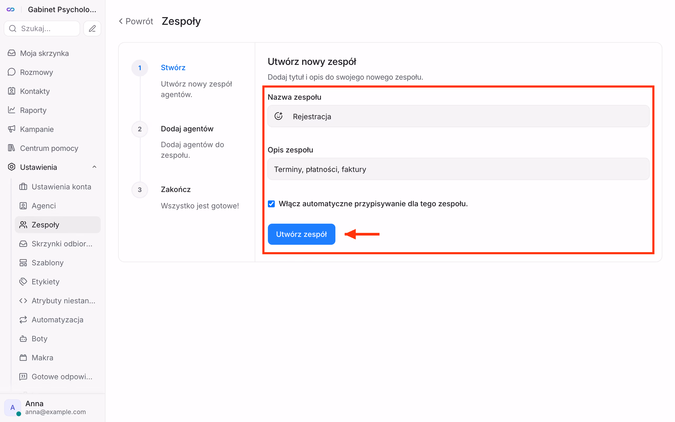 Tworzenie zespołu.