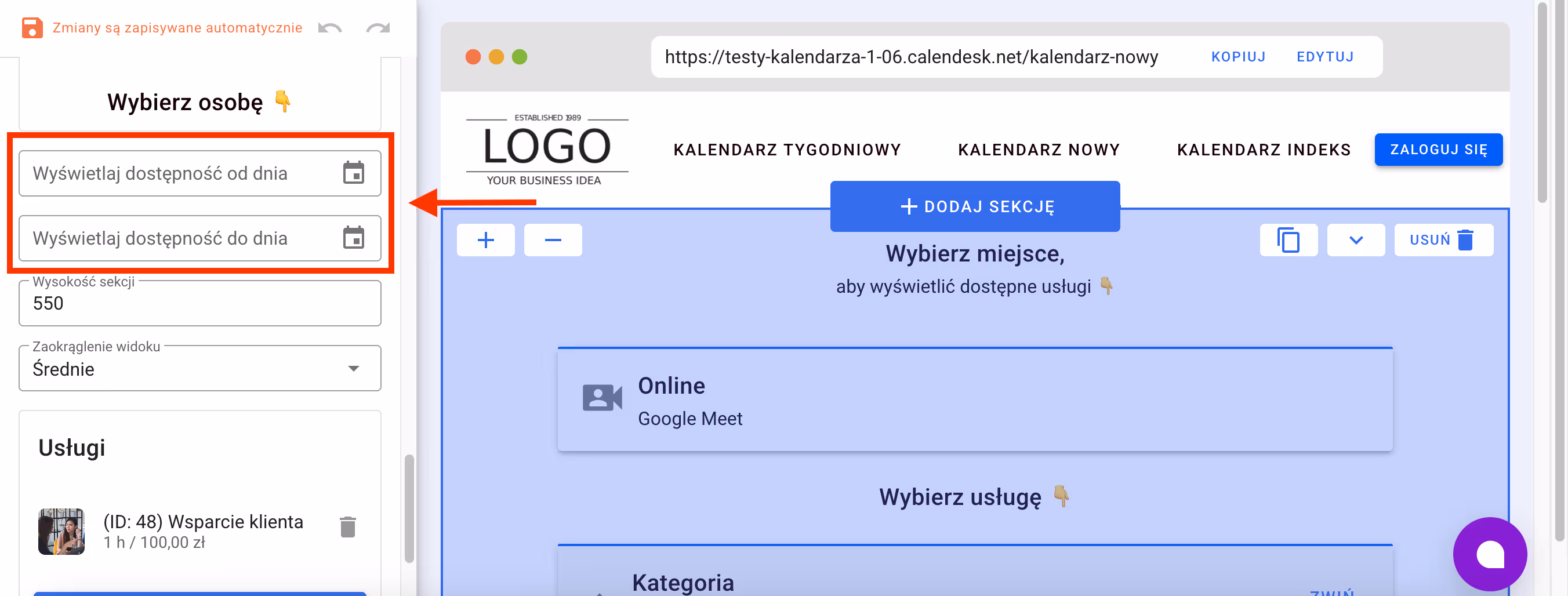 Widoczność w sekcji z kalendarzem.