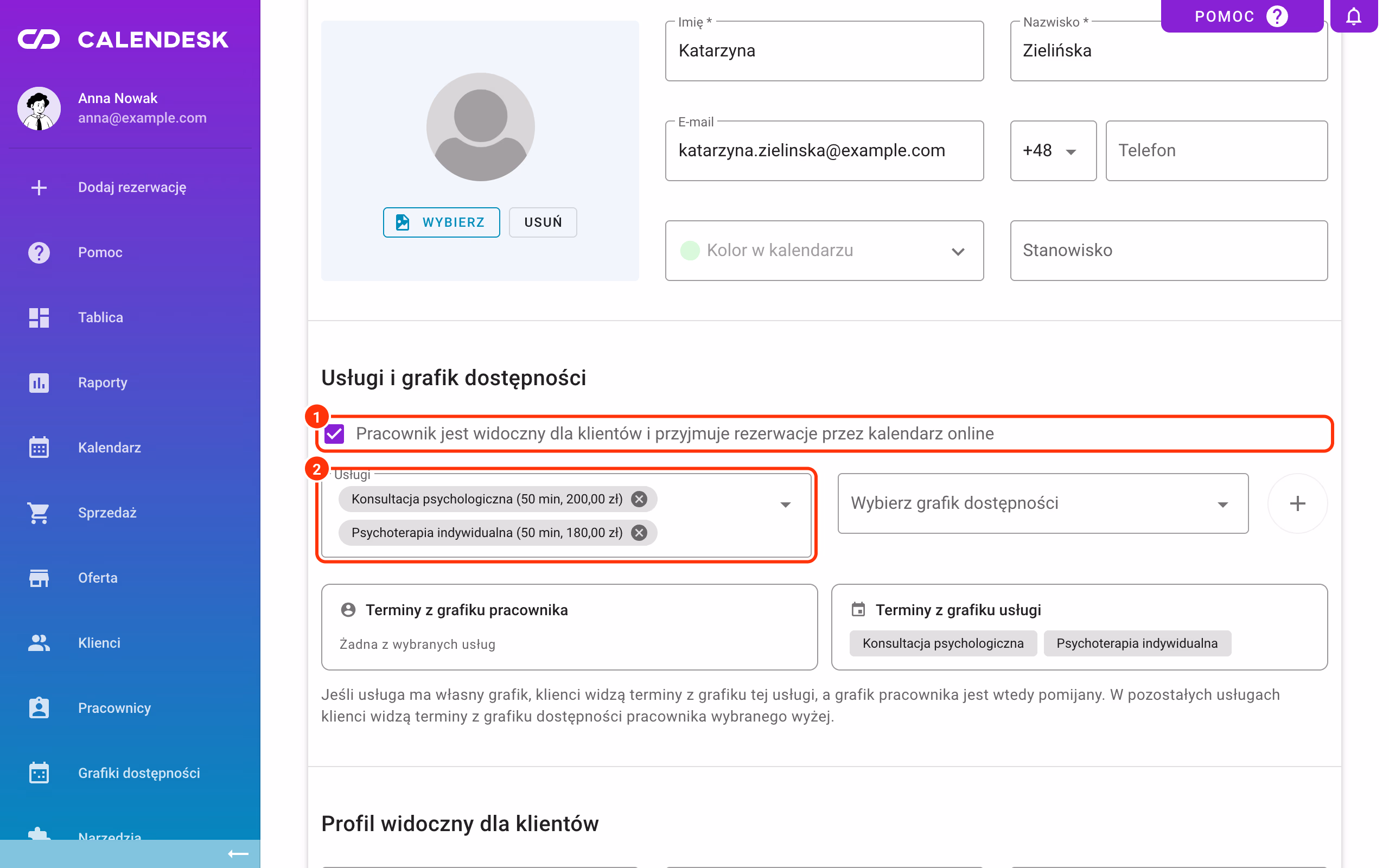 Profil pracownika: przyjmowanie rezerwacji przez kalendarz online i przypisane usługi.