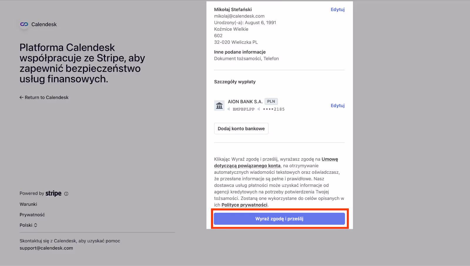 Akceptacja wprowadzonych danych biznesowych.