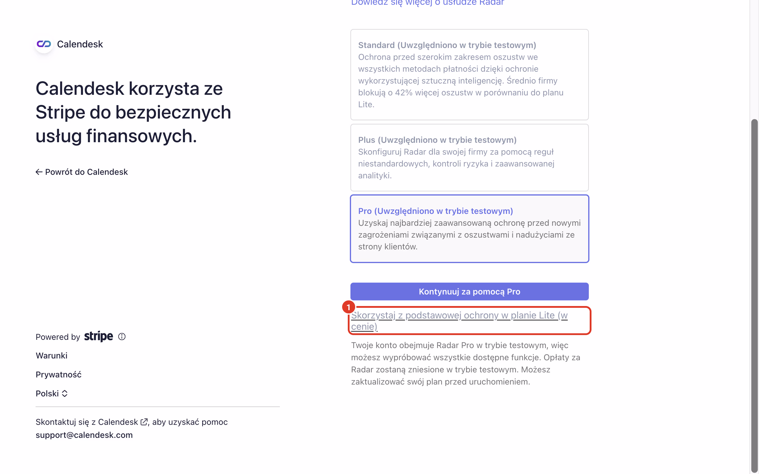 Stripe Radar: podstawowa ochrona w planie Lite.