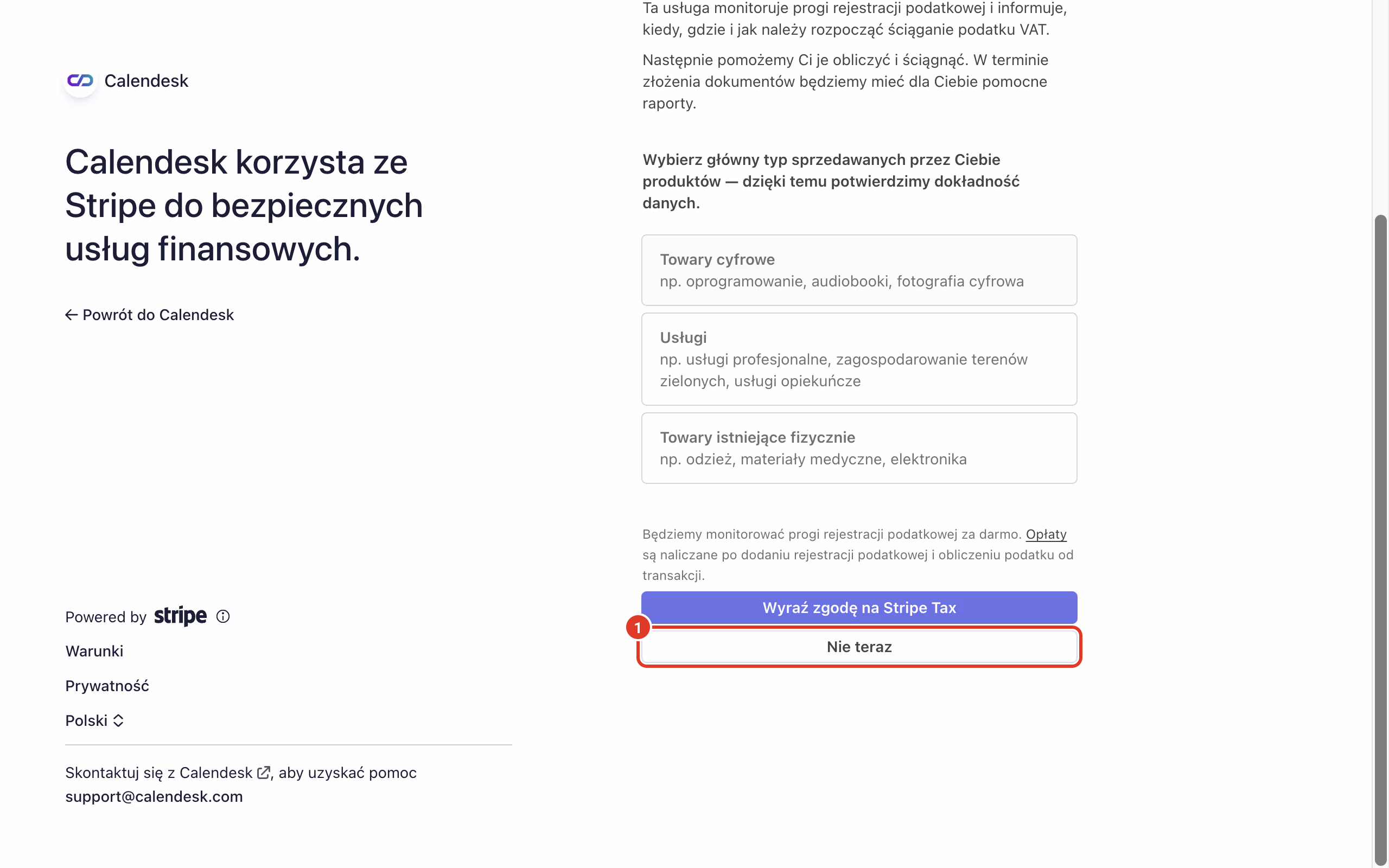 Stripe Tax: przycisk Nie teraz.