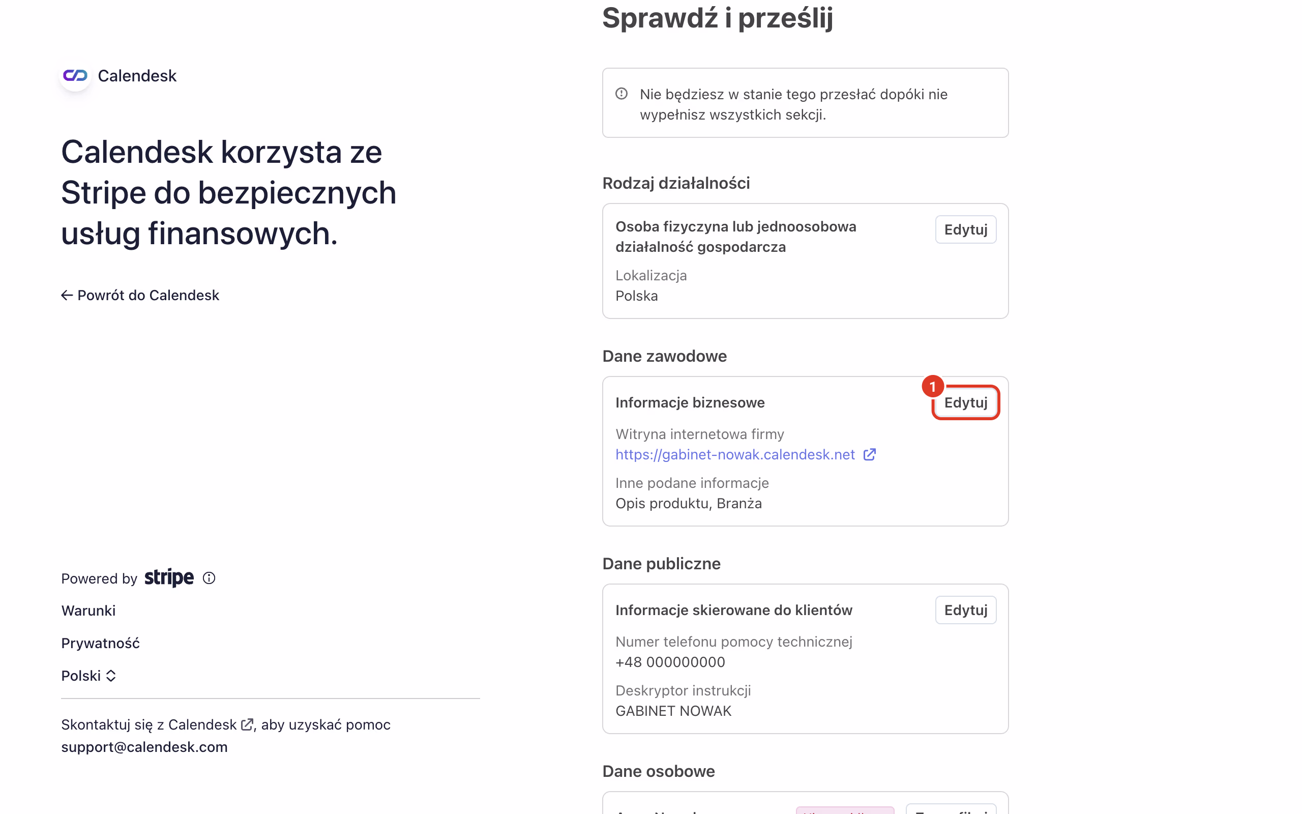 Stripe: podsumowanie danych z przyciskiem Edytuj.