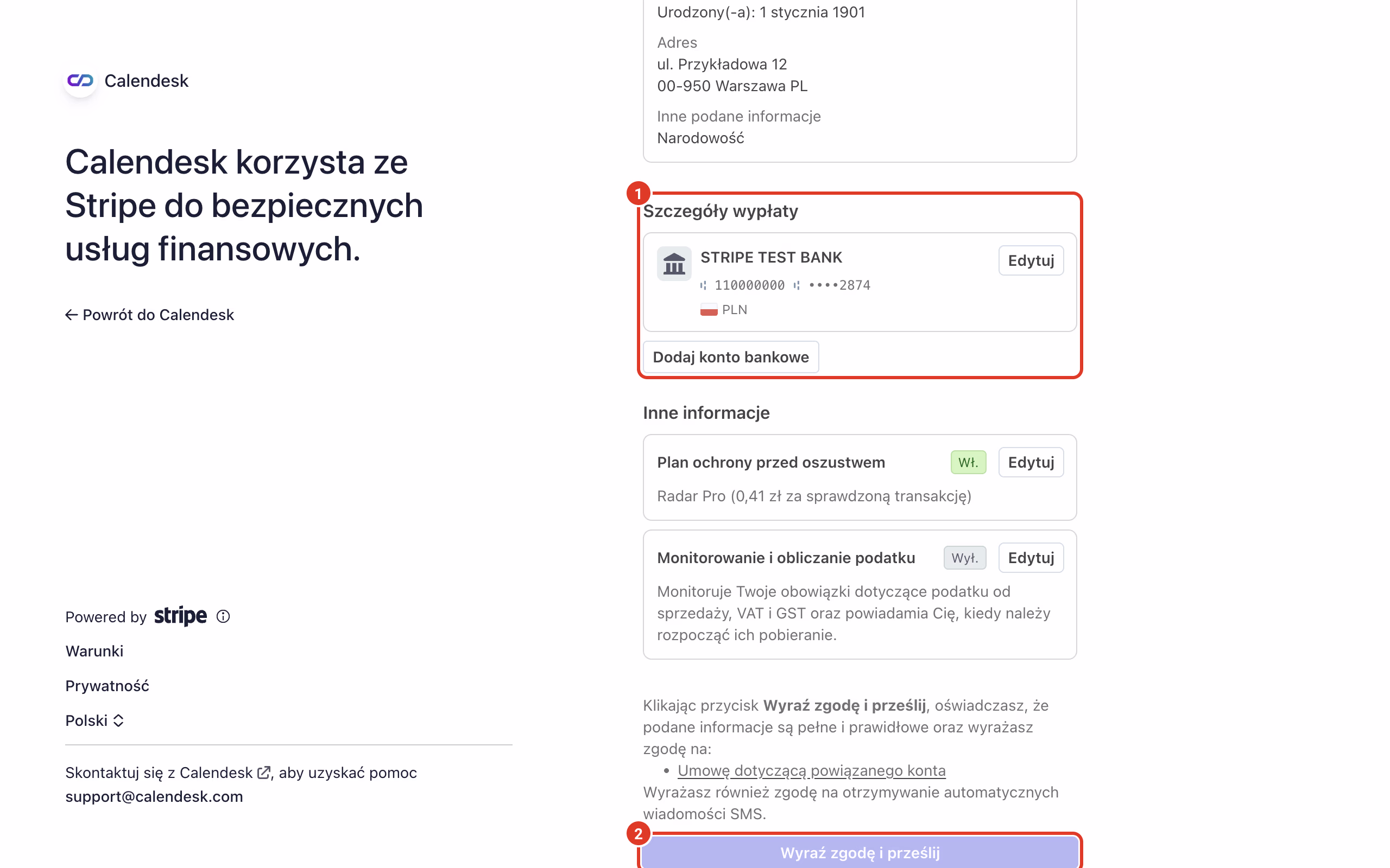 Stripe: konto do wypłat i przycisk Wyraź zgodę i prześlij.