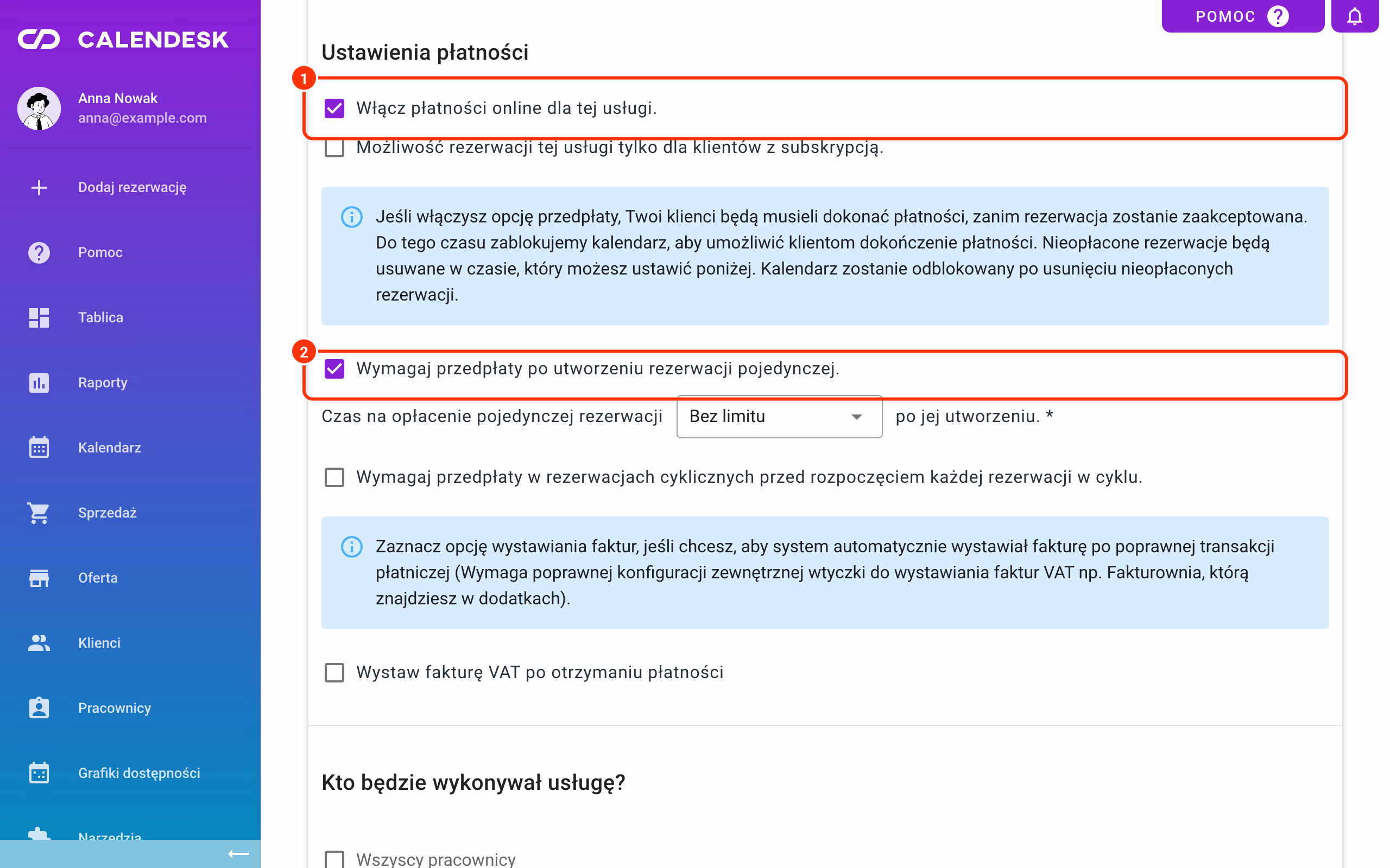 Usługa: włączone płatności online i przedpłata.